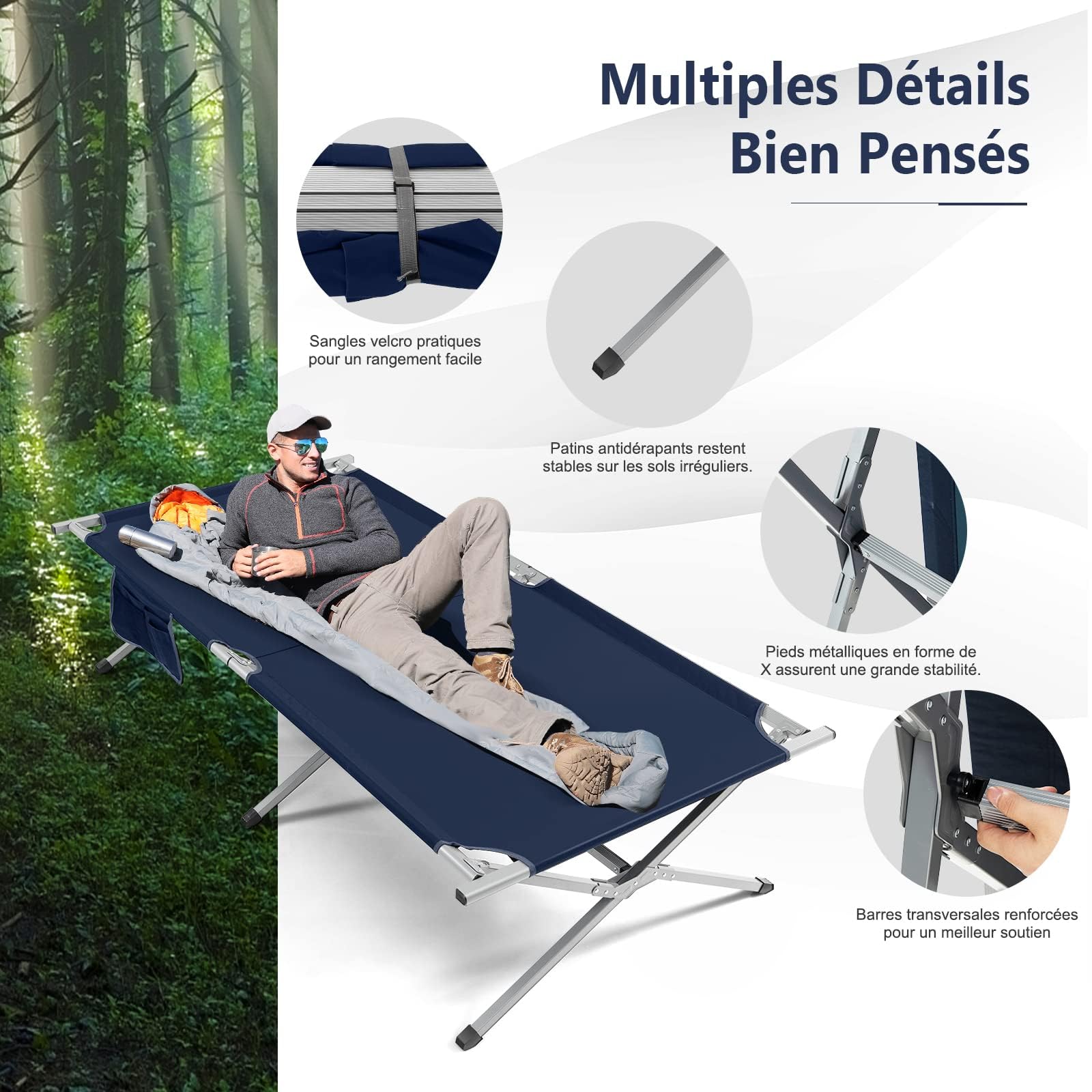 GOPLUS Lit de Camping Pliant, Lit de Camp 1Personne Extra Large avec Poche de Rangement et Sac de Transport, 106x215x49CM, Charge 150KG (Fer)