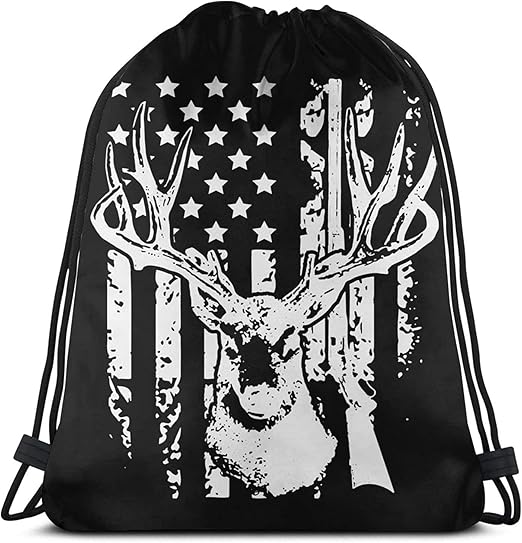 Deer Hunting US Flag Drawstring Bags Men's and Women's Gym Drawstring