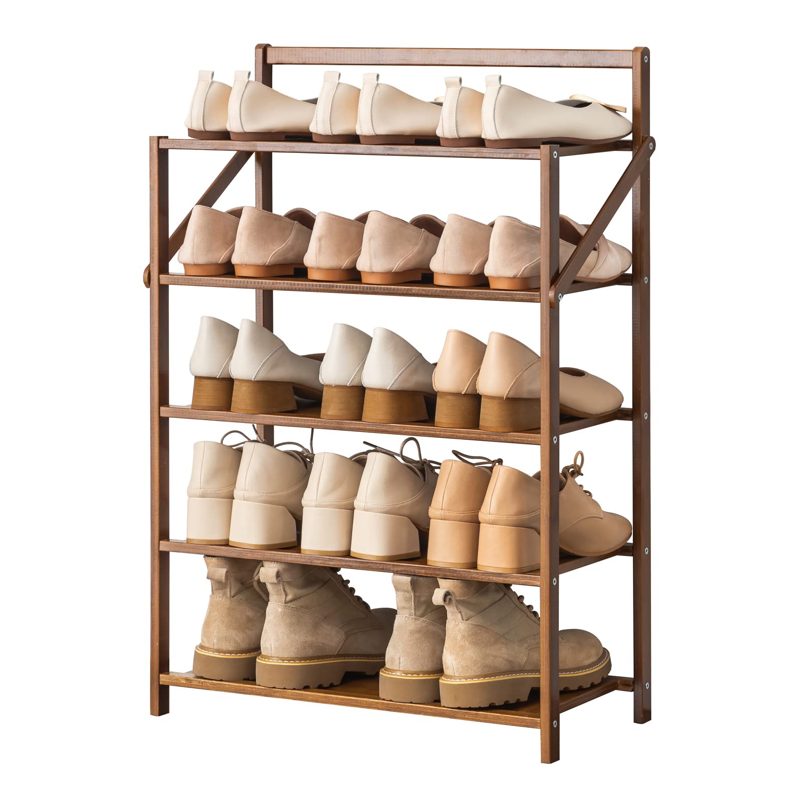 MSHGSKU 5-Tier Bamboo Shoe Rack - Space-Saving Wooden nizer for Entryway Hallway Bedroom - Folding Shoe Storage Shelf in Brown Finish - & Stylish Shoe Storage Solution