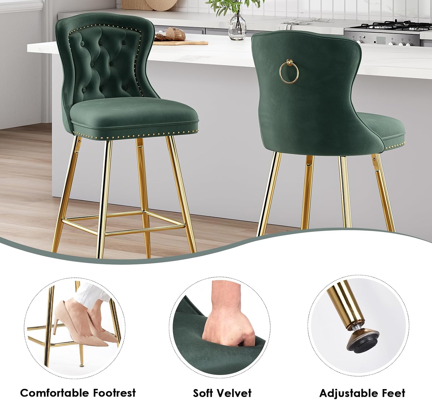 Farini Bar Stools Set of 2, Velvet Counter Height Bar Stools with Metal Legs, Button Tufted and Nailheads Trim, Wing-Back Bar Chairs for Kitchen Island Dining Room Pub, Green