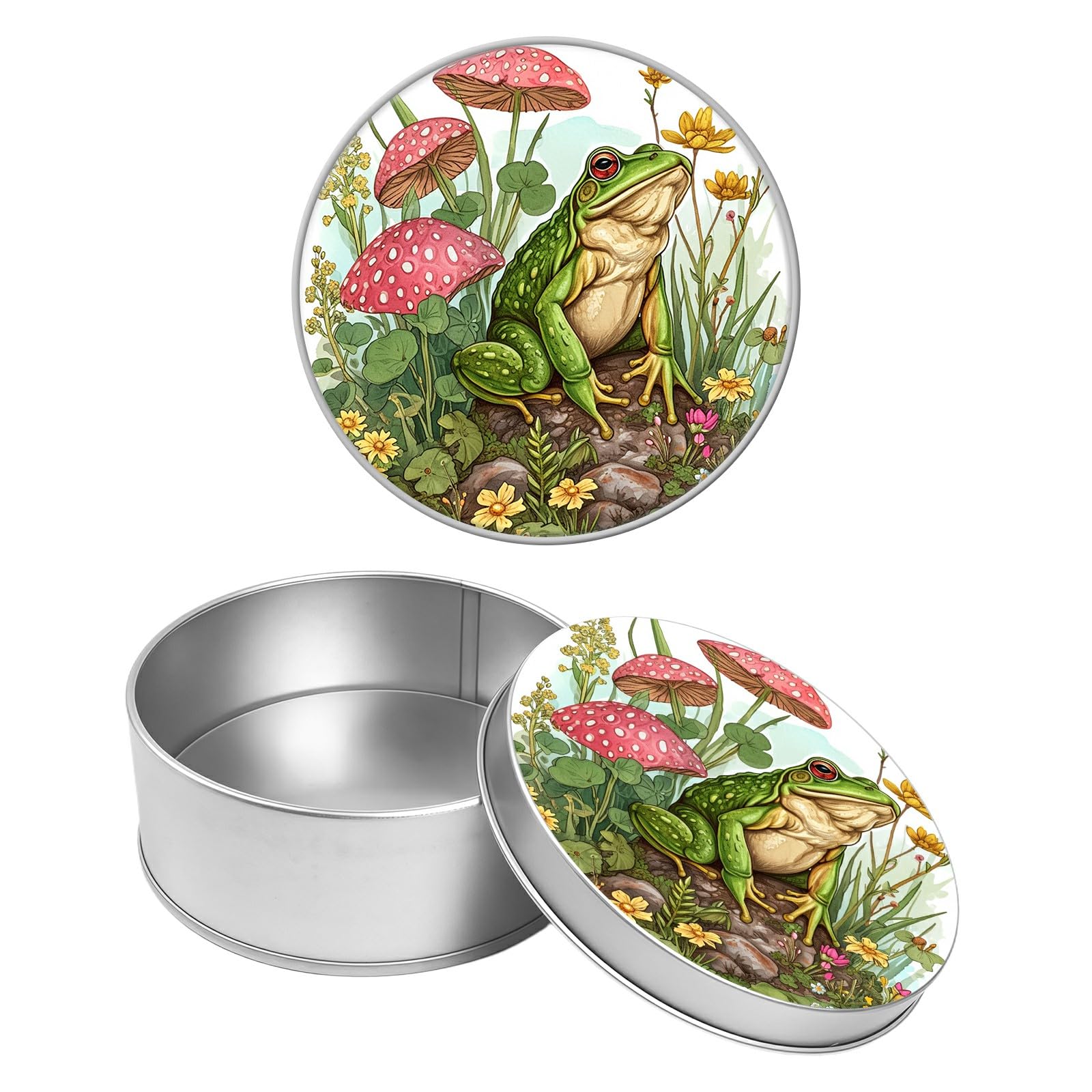 Round Metal Tin Container with Removable Lid, Mushroom Green Frog Durable Metal Storage Box for Crafts Snacks Candies Office Supplies Small Items 3.54 x 1.38 inch– Single Pack
