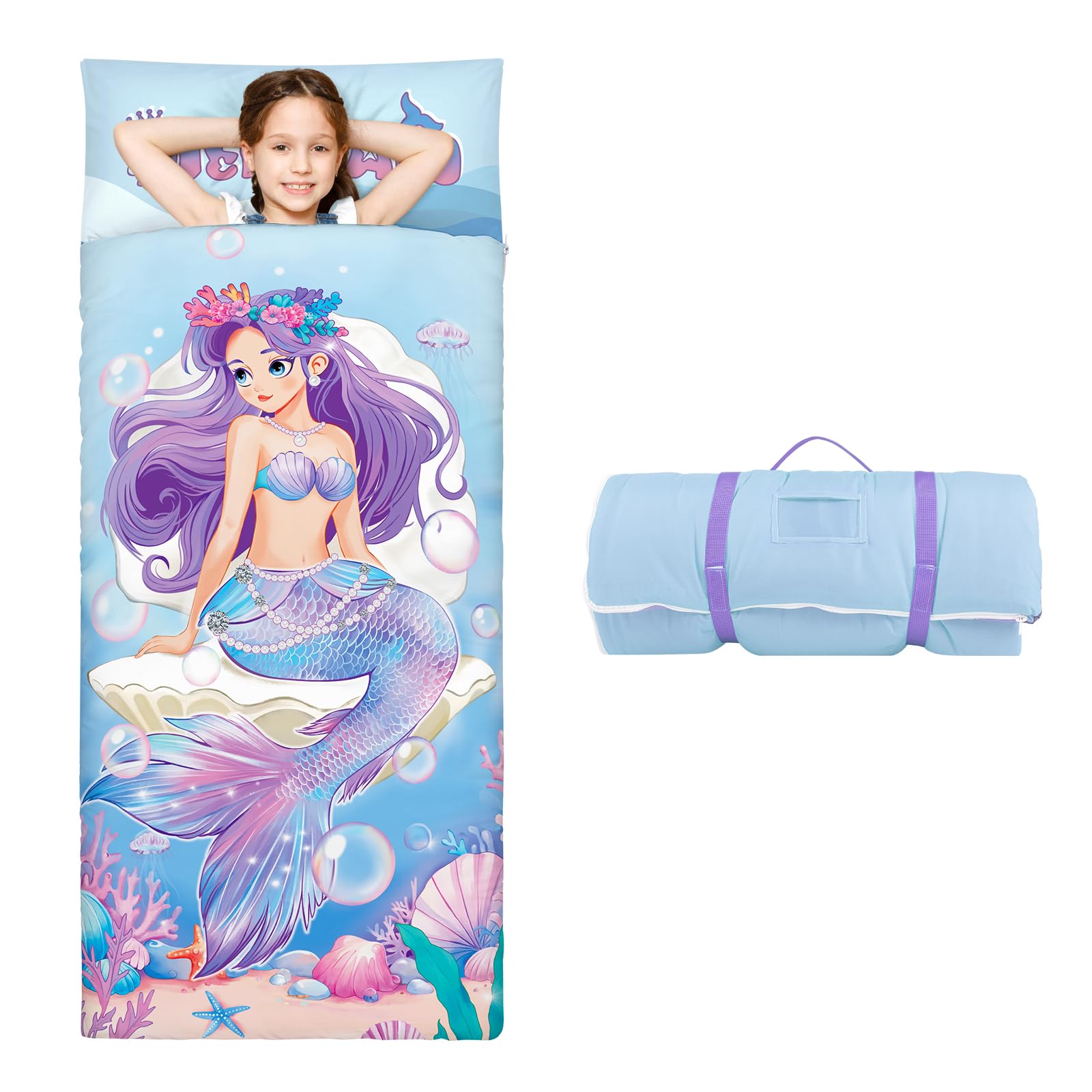 Grandi Dimensioni Sacco a Pelo Bambino con Rimovibile Cuscino 170×75cm, Pieghevole Nap Mat Caldo per Bambini Ragazze Ragazzi, Nap Mats con Doppia Cerniera per Campeggio, Scuola Materna e Asilo