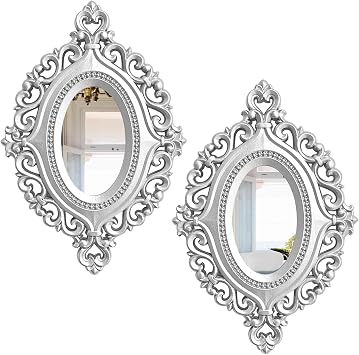 2 Set Oval Wood Carved Wall Mirror Baroque 3D Relief Rustic Home Decor Small Decorative Hanging Mirrors for Living Room, Bedroom Entrance Wall Sculpture
