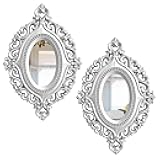 Cityelf 2 Set Oval Wood Carved Wall Mirror Baroque 3D Relief Rustic Home Decor Small Decorative Hanging Mirrors for Living Room, Bedroom Entrance Wall Sculpture
