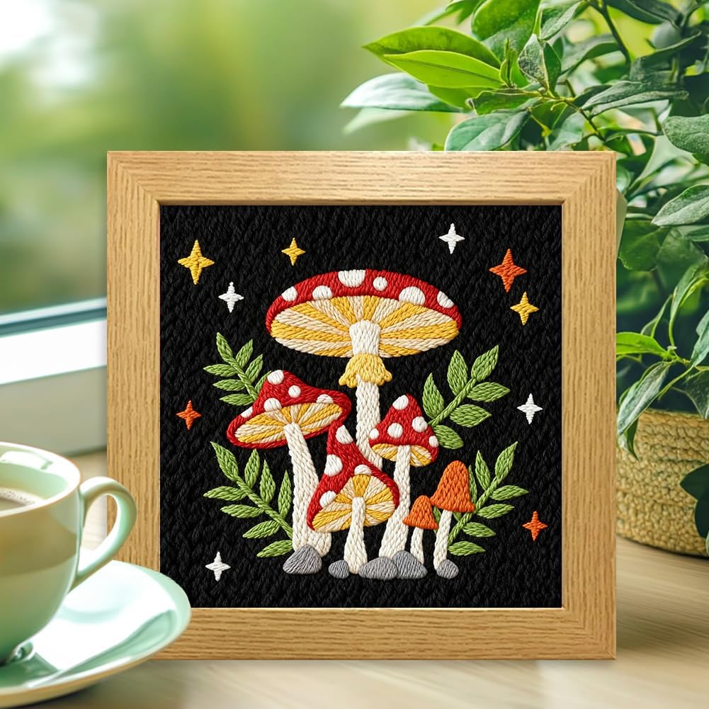 INFUNLY 2PCS Mushroom Punch Needle Kit for Beginners Art Night Mushroom DIY Punch Needle Embroidery Starter Kit Handcraft Needlepoint Set with Plant Pattern Instruction for Festival Gift Home Decor