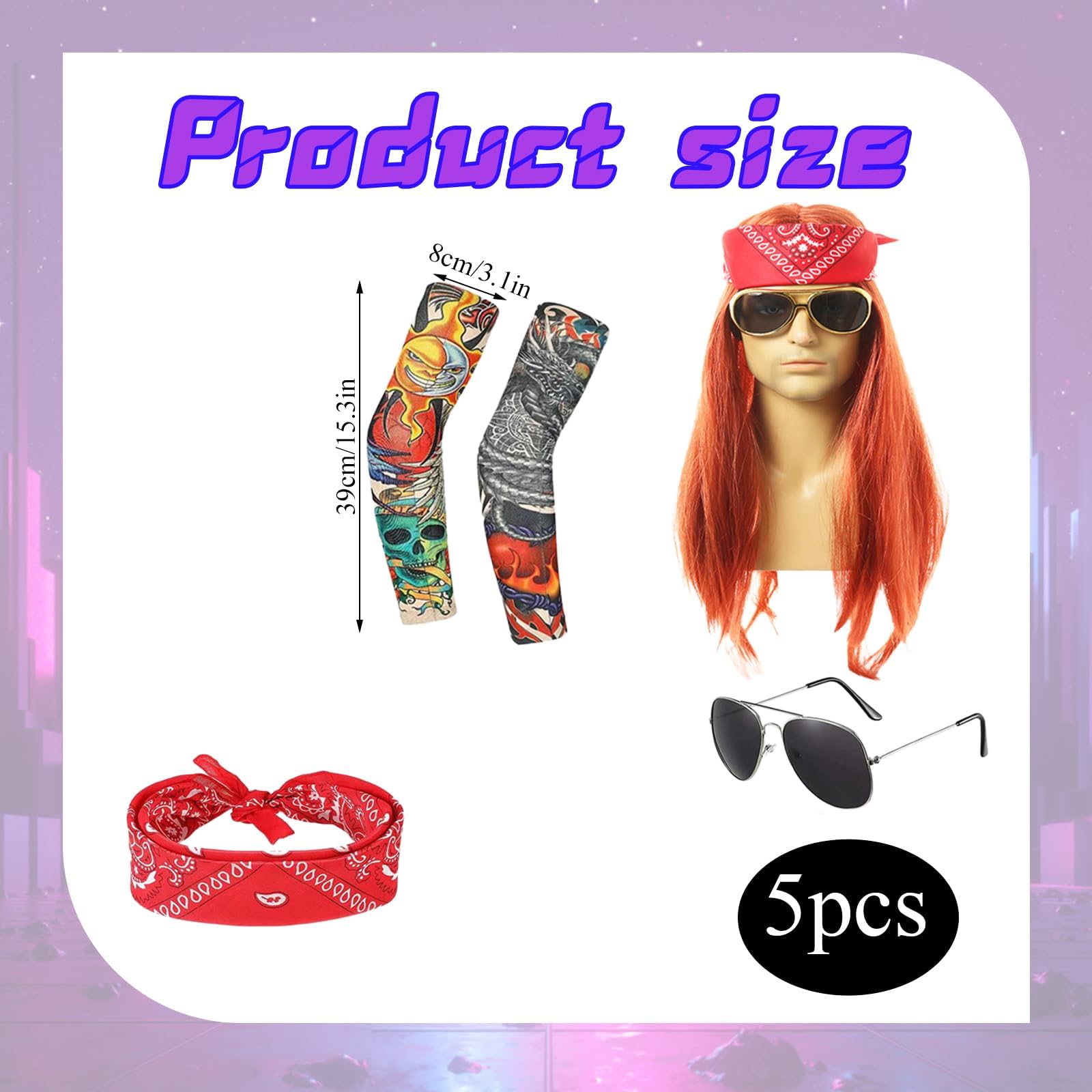 GegXcn 5 Pcs Rockstar Costume, Punk Rockstar Fancy Party Kit,Wearing Vintage Sunglasses, Gloves, Wig, Vintage Red Headscarf - Image 2
