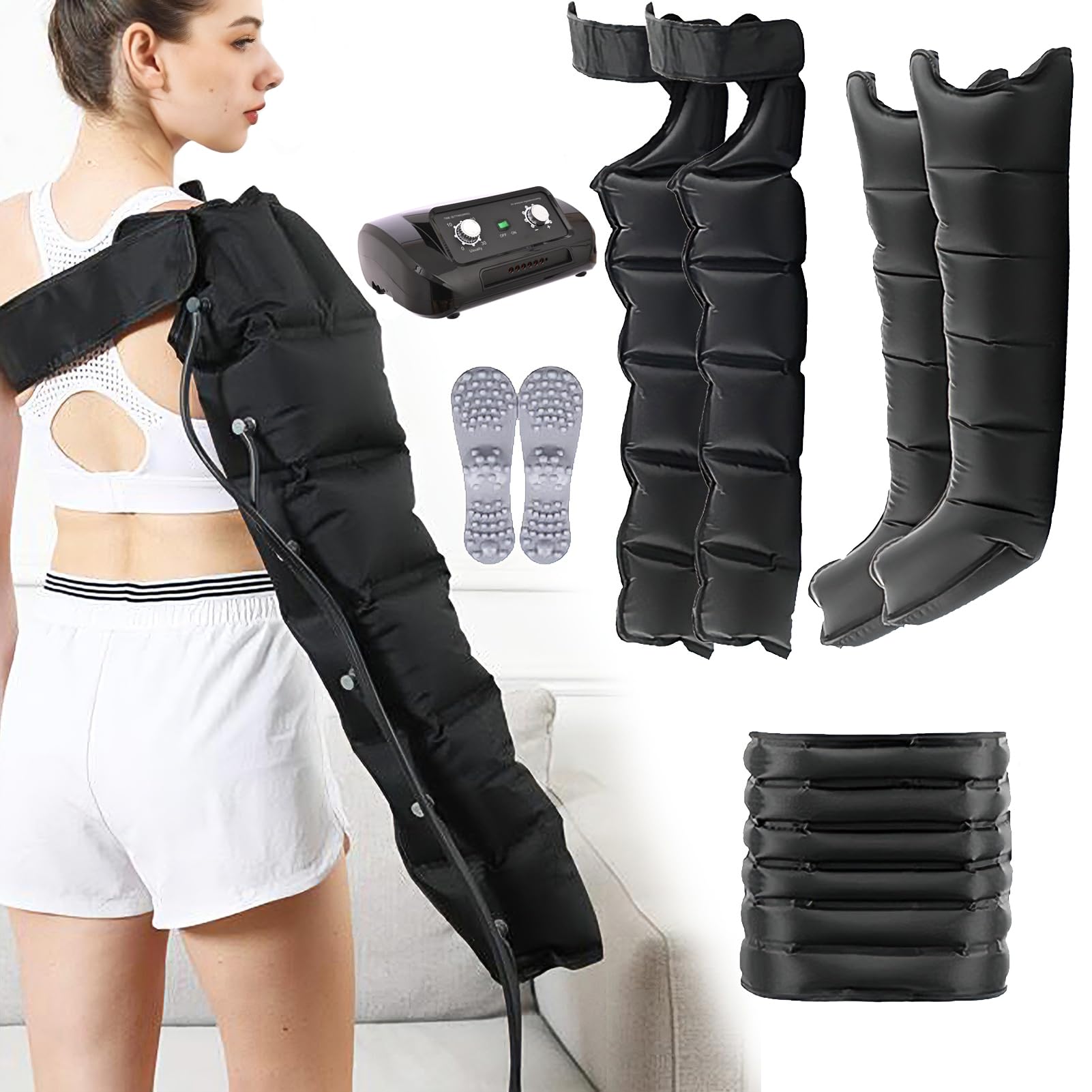 Masajeador de Presoterapia, 6 Cámaras, Botas de Compresión de Aire masajeador para Piernas y Abdomen, 30-240 mmHg Presión Ajustable (Black, 6 Cámaras)