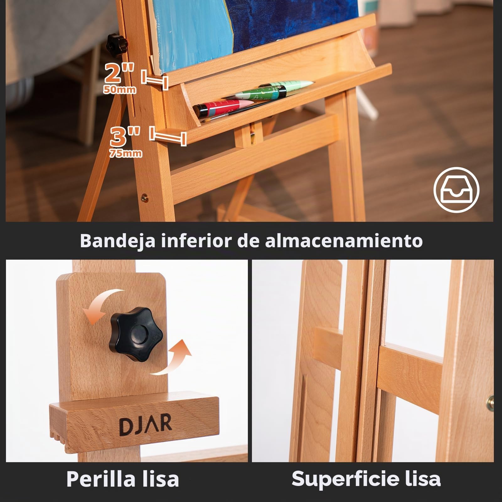 DJAR Caballete de Estudio Grande en H, Soporta Lienzos hasta 236 cm, Caballete de Suelo Ajustable de Haya Maciza con Ruedas 360°, Natural