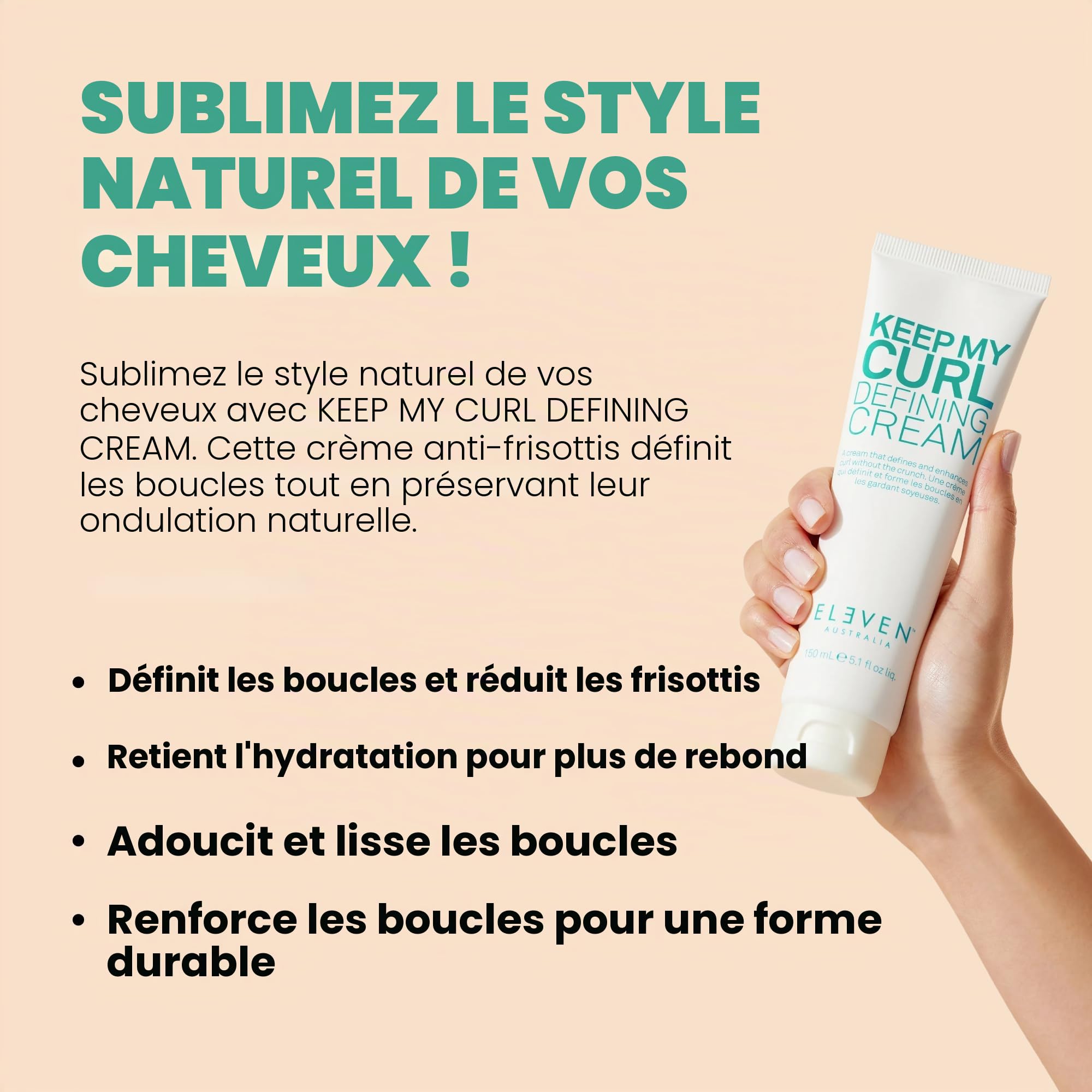 ELEVEN Australia Keep My Curl Defining Cream – Crème de Définition Anti-Frisottis pour Cheveux Bouclés et Ondulés – Au Quinoa et Thé Vert – Végan – 150ml