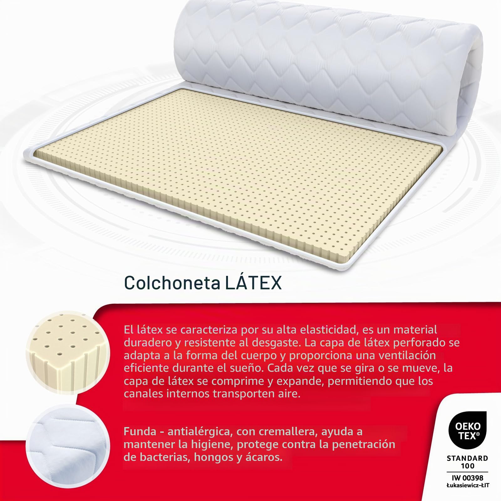 FDM Topper Látex Topper 160 x 200 cm Dureza H3 Altura Aprox. 2 cm Aprox Apto para alérgicos Öko-Tex Blanco