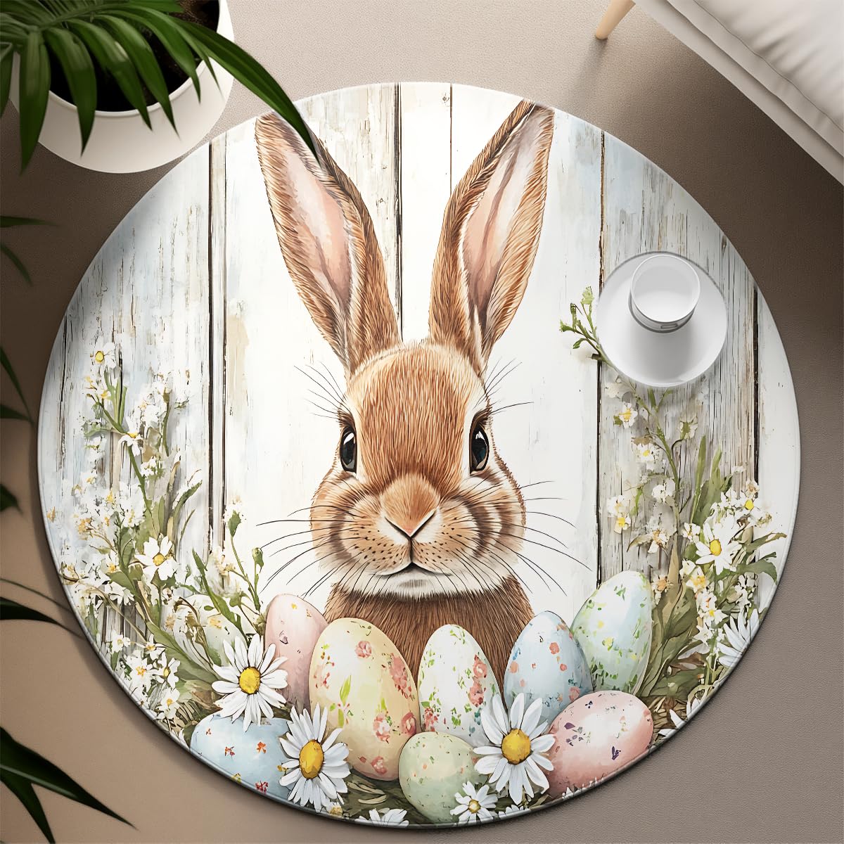 Tapis lavable 200cm lapin brun décor de pâques résistant