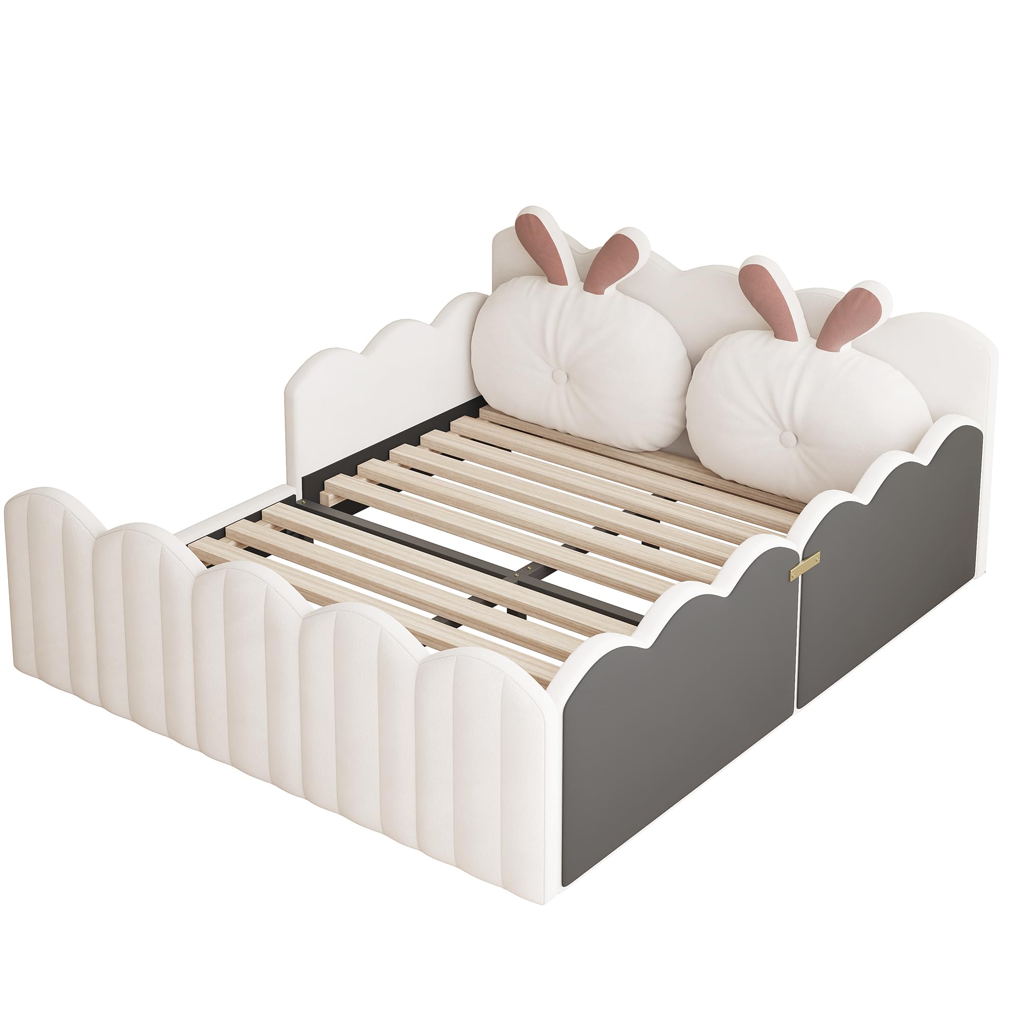 Letto imbottito 140 x 200 cm, letto con cuscino a forma di coniglio, letto per ragazzi con griglia, lettino per appartamento (senza materasso) lino beige