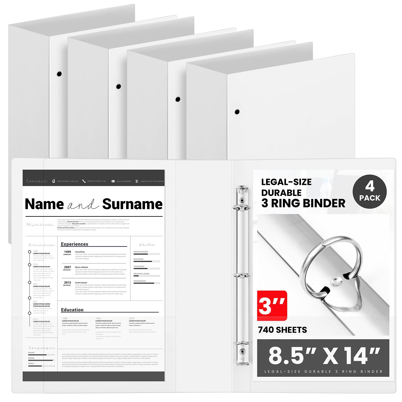 Henoyso 4 Pcs 8.5" x 14" Legal Size Binder, 3 Ring, 3 Inch, White