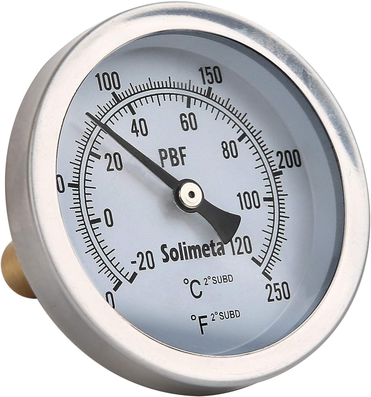 Solimeta Hot Water, Pot, Brewing Dial Thermometer, 2-1/2" Dial, 1-3/4" Lead-Free Brass Stem, 304SS case, Range 0-250 deg F/-20-120 deg C, +/-2% Accuracy, Adjustable, 1/2" NPT Back Mount *#