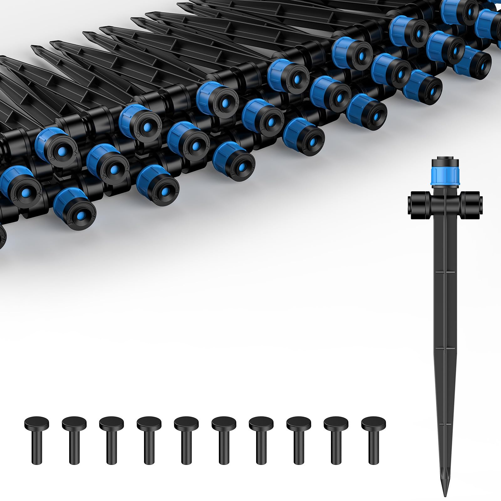 Pawfly 30 Pcs Push-to-Fit Drip Irrigation Emitters for 0.64 CM Tubing, Two-Way Connection Irrigation Drippers with Adjustable 360 Degree Water Flow, Drip Emitters Sprayers with Stake & End Plugs
