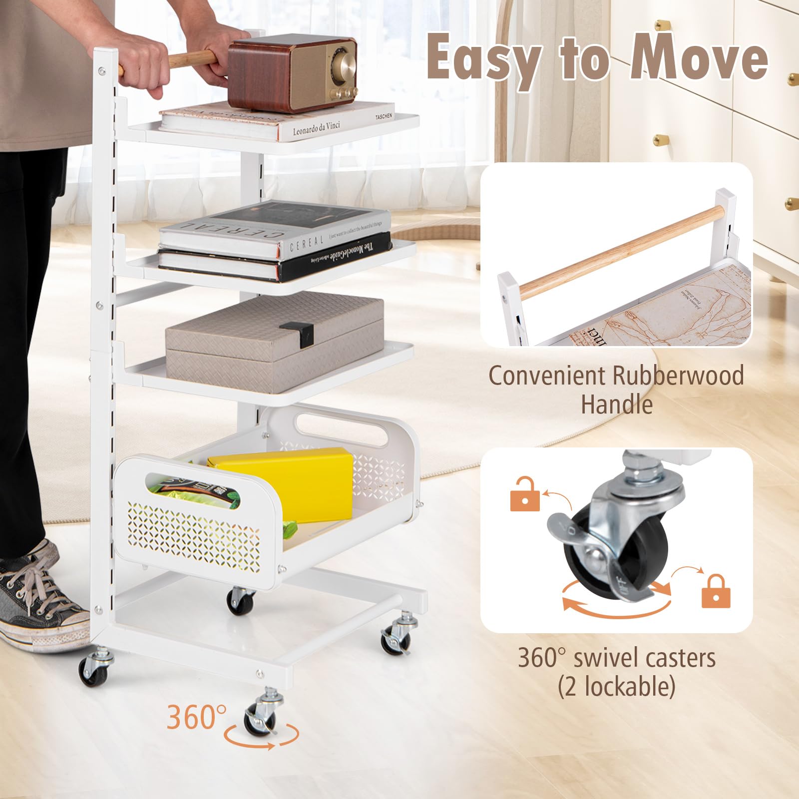 GIANTEX Carro de Almacenamiento de 4 Niveles, 35,5 x 29 x 84,5 cm, Estantería con 4 Ruedas, Estante Ajuestable con 20 Posiciones, Carrito Auxiliar con 3 Estantes y 1 Cesta, para Cocina, Salón