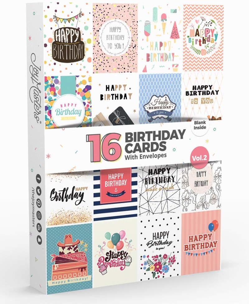 16 x Birthday Cards by Joy Masters™ Vol.2 | Multipack with ENVELOPES | Large Set for Men & Woman