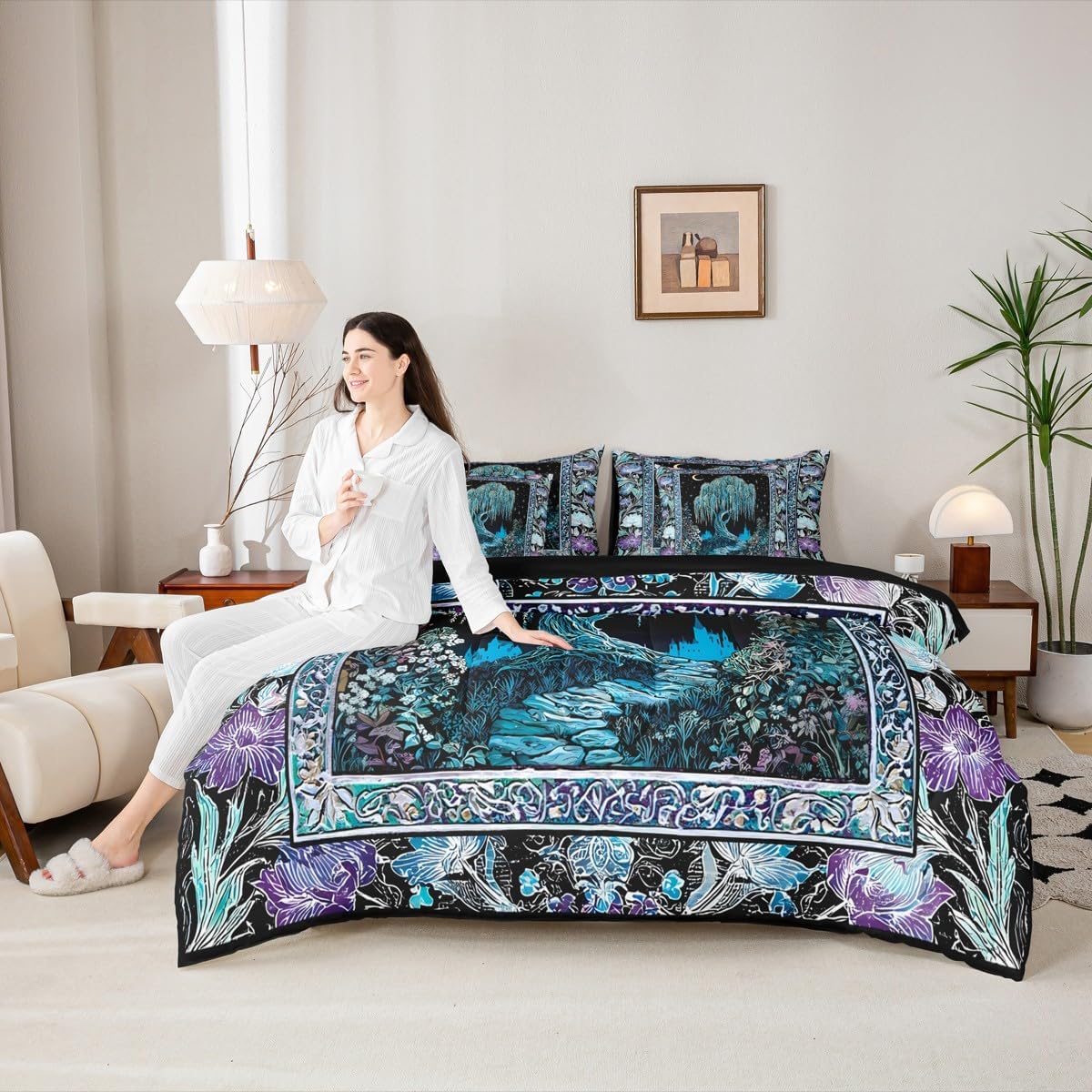 Tree of Life Bedding King Size 7 Pcs,Boho Exotic Style Flowers Bed Set for Kids Girls Starry Galaxy Comforter Set,Green Purple Black Soft Bed in a Bag with Comforter,Sheets,Pillowcases Room Decor