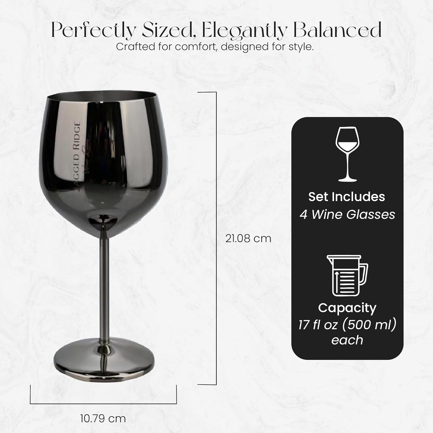 Jagged Ridge Wine Rooms Black Stem Stainless Steel Wine Glass (Handwash Only) - Steel Glasses for Parties, Picnics & Special Occasions - Crafted for All Wine Enthusiasts - Set of 4 (Black)
