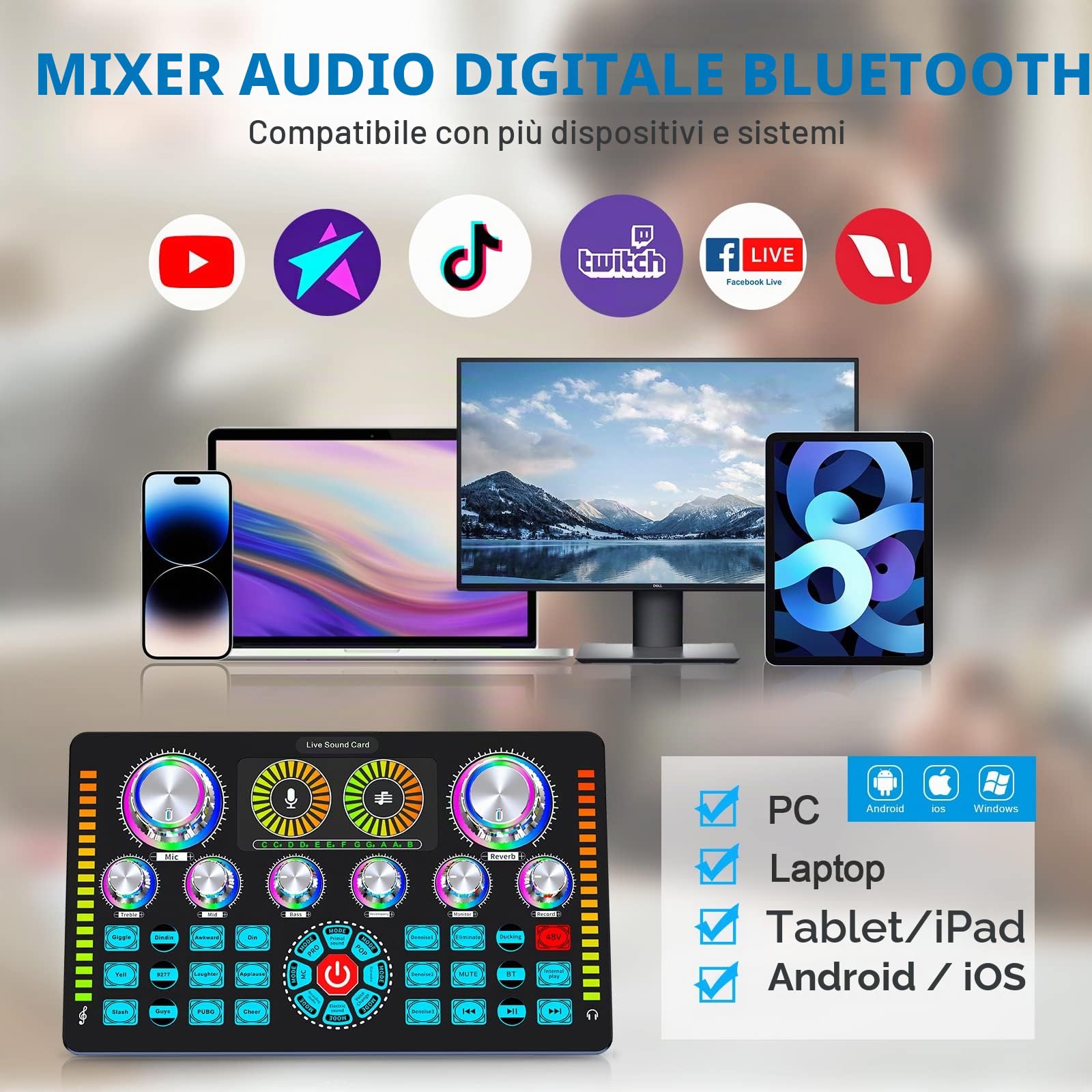 Pacchetto di apparecchiature podcast, interfaccia audio e microfono a condensatore XLR, apparecchiature da studio con alimentazione phantom 48V, Bluetooth per podcast (Scheda audio + microfono)