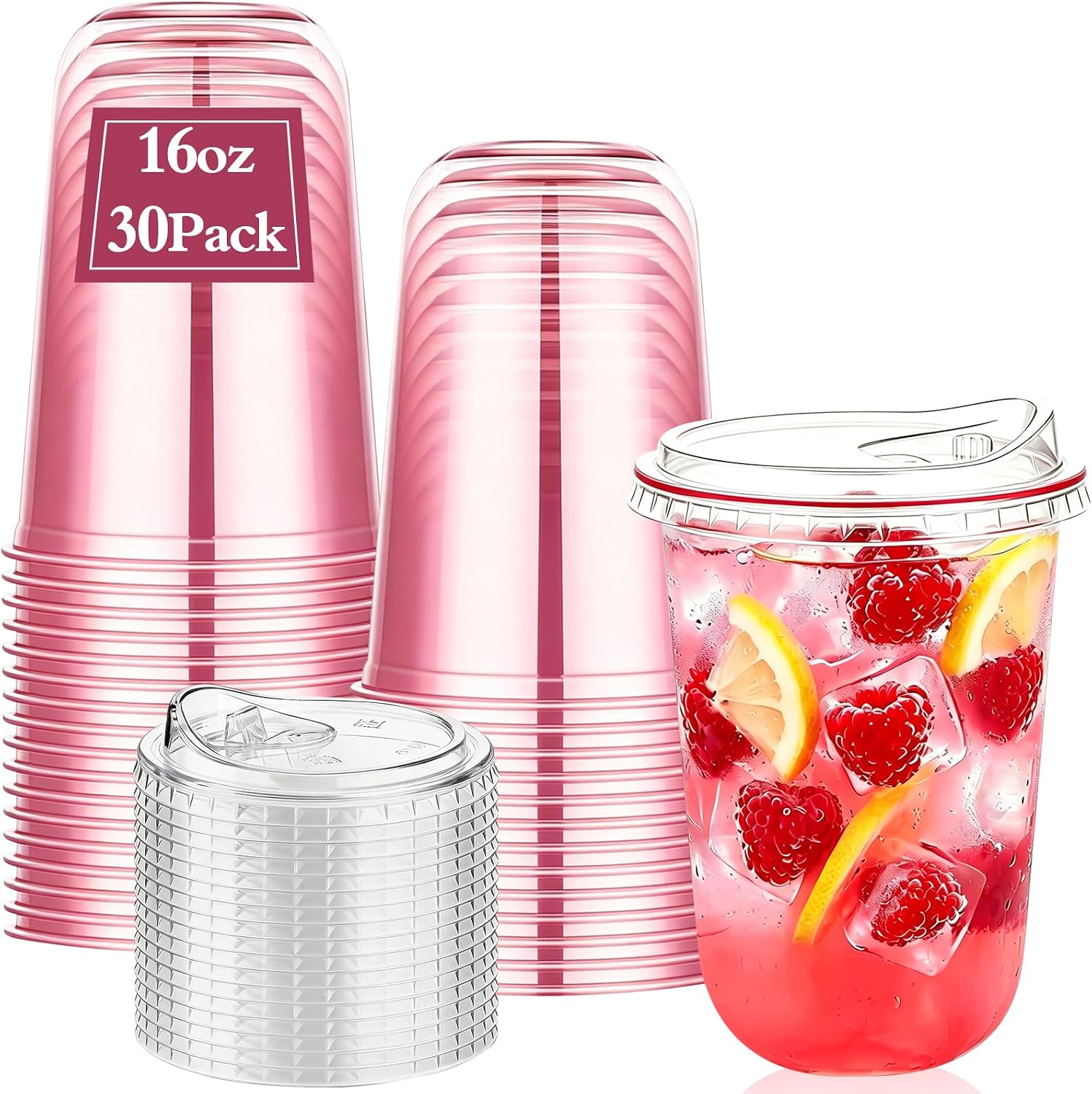 Clear Plastic Cups with Lids - 30 Pack 16 Oz Disposable Iced Coffee Cups with Strawless Sip Lids, Upgrade Sturdy Round Bottom To Go Plastic Cups for Iced, BPA Free Crystal Cups for Party Cold Drinks