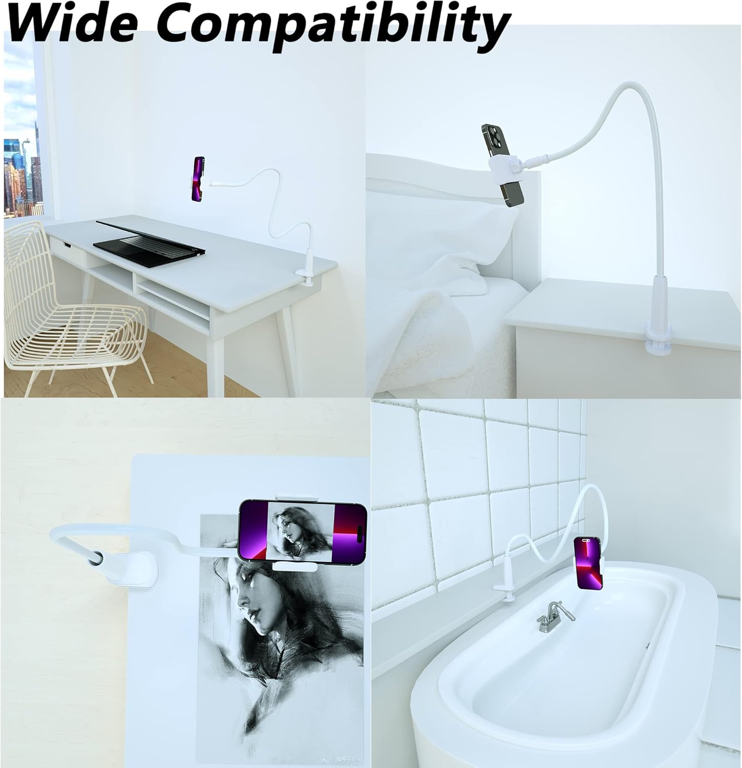 MAGIPEA Cell Phone Clip Bed Stand Holder, with Grip Flexible Long Arm Gooseneck Bracket Mount Clamp for Desk, Compatible with iPhone 14 Pro Max XR X 8 7 6 or Other 3.5-7" Devices (White)