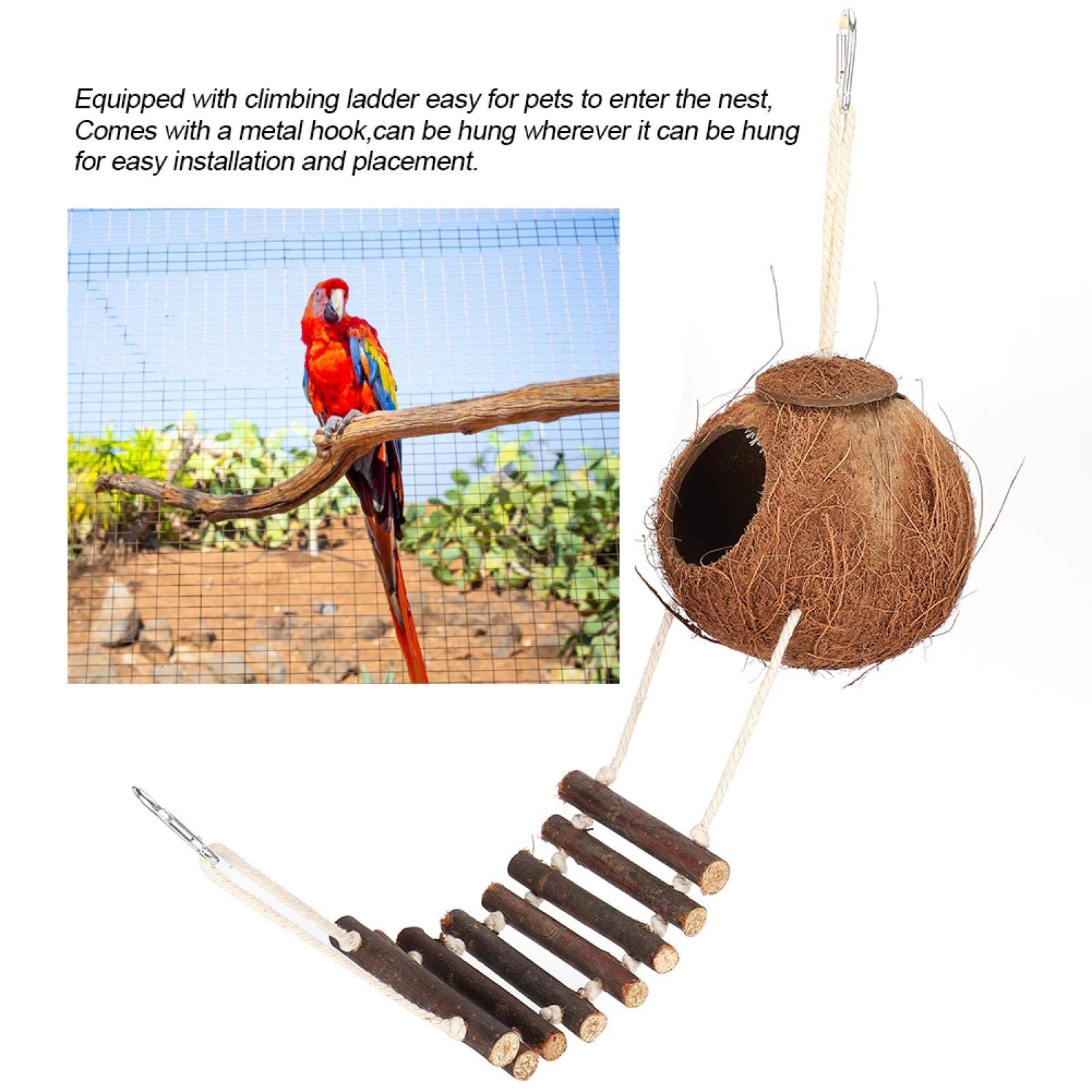 Natürlicher Kokosnuss Vogelkäfig mit Leiter, hängende Schaukel Kletterhängematte gedrehte Leiter aus Holz für Sittiche, Conure, Aras, Liebesvögel, Finken, Mynah