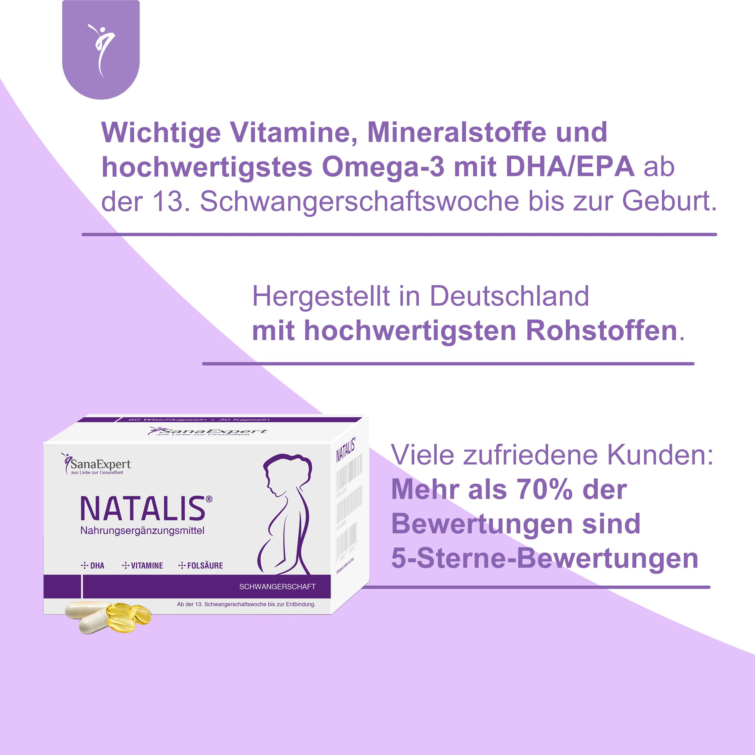 SanaExpert® Natalis – Schwangerschaftsvitamine mit Eisen, Vitamin B12, Folsäure und weiteren wichtigen Nährstoffen, 90 Kapseln – Made in Germany