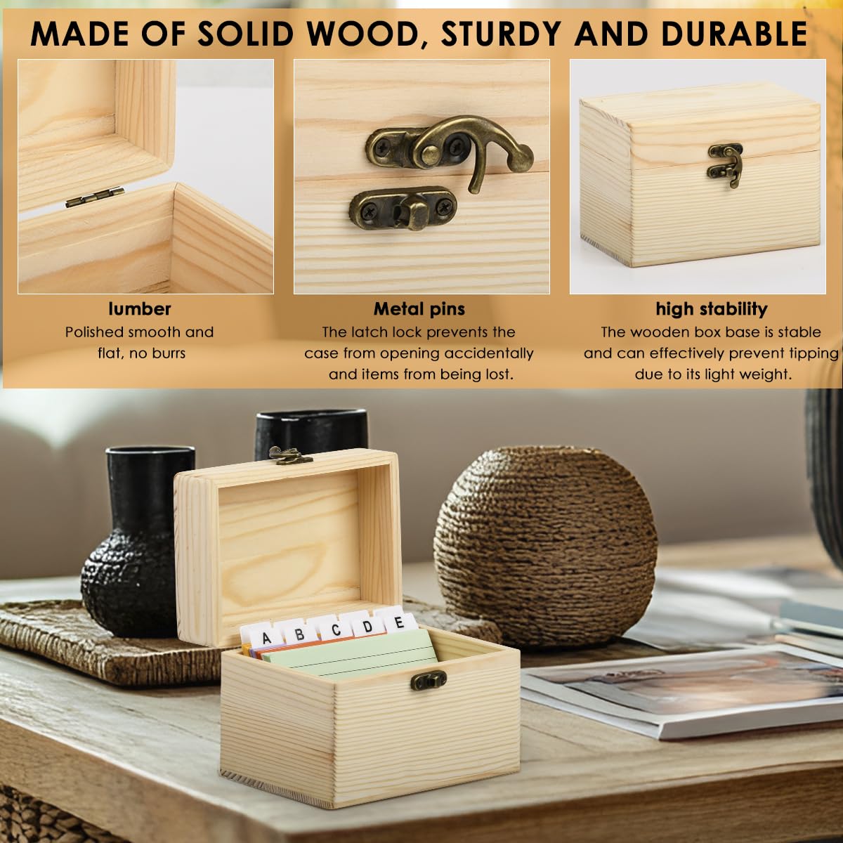CENBEN Index Card Box Set, Wooden Index Card Holder with 100Pcs Cards, Revision Flash Cards Storage Box with 30 White Dividers, 1 Blank Sticker and 1 Letter Sticker - Image 3