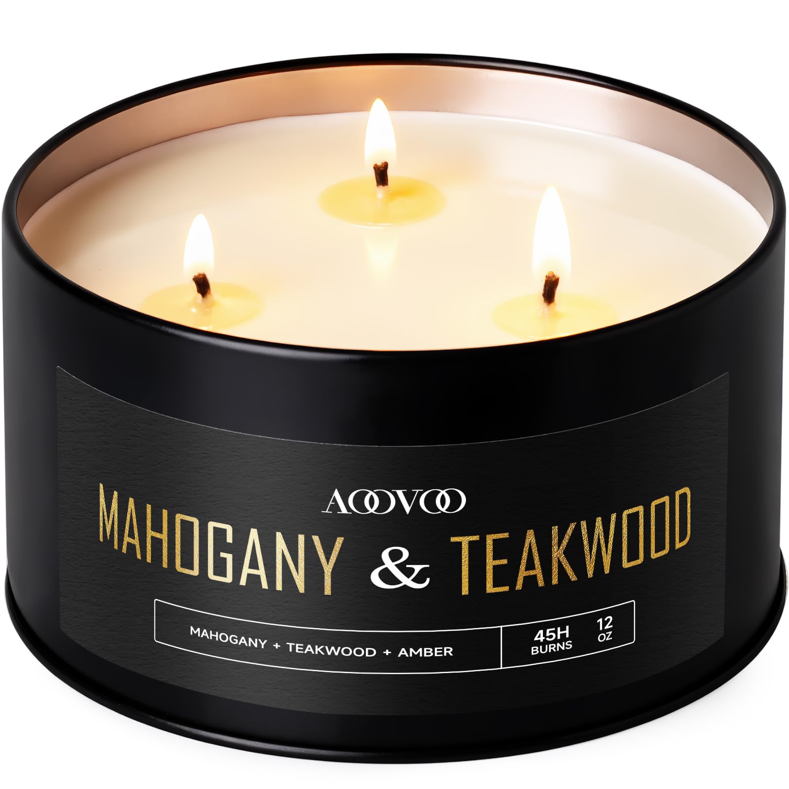 AOOVOO Mahogany Teakwood Candles for Men - 3 Wick 12oz Black Scented Candle