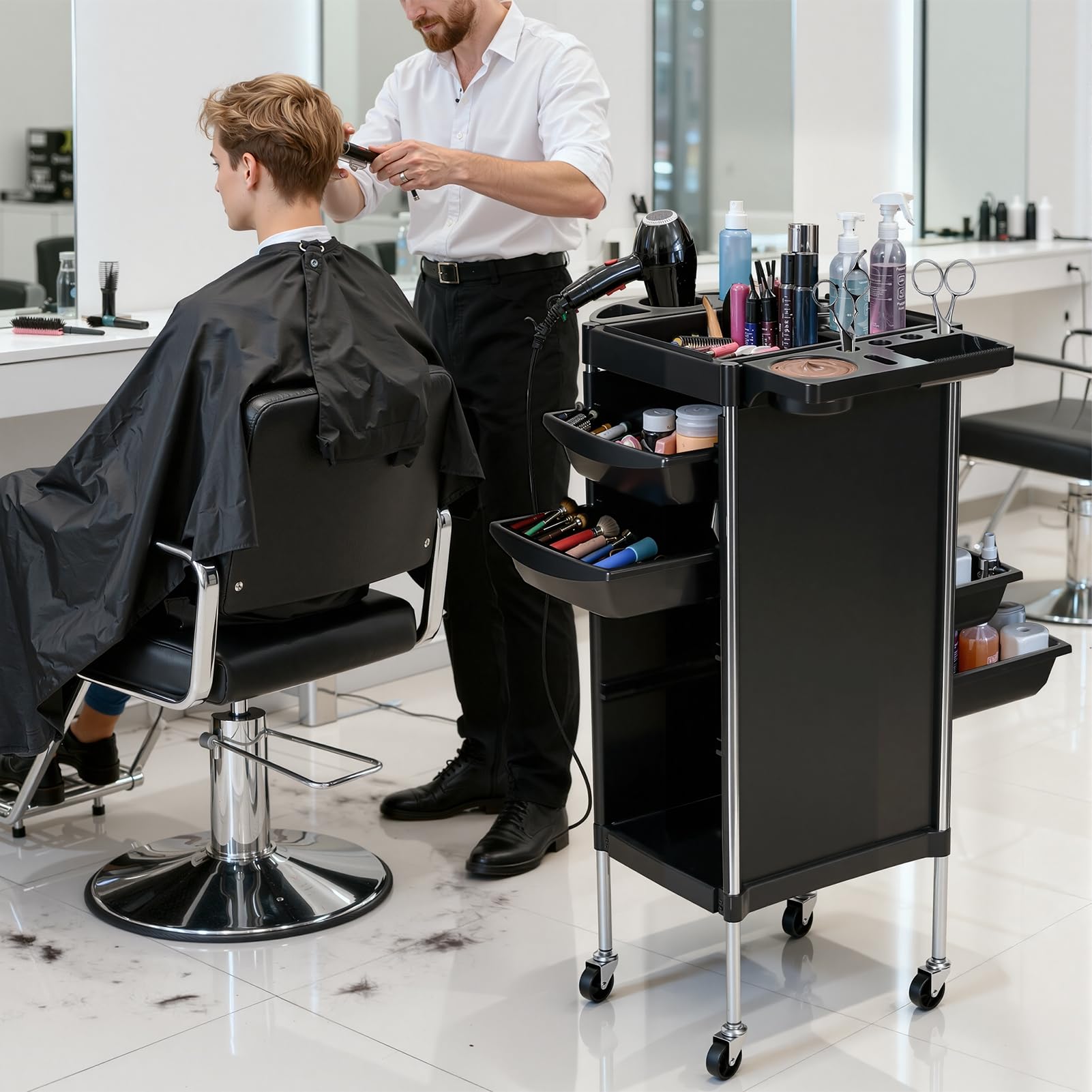 Chariot de Coiffure 6 Étages, Tablette à Roulette en Acier Inoxydable 300kg, 4 roulettes Pivotantes 360°, Desserte Roulante pour Salon, Esthétique, Tatouage, 37x52x90cm Noir