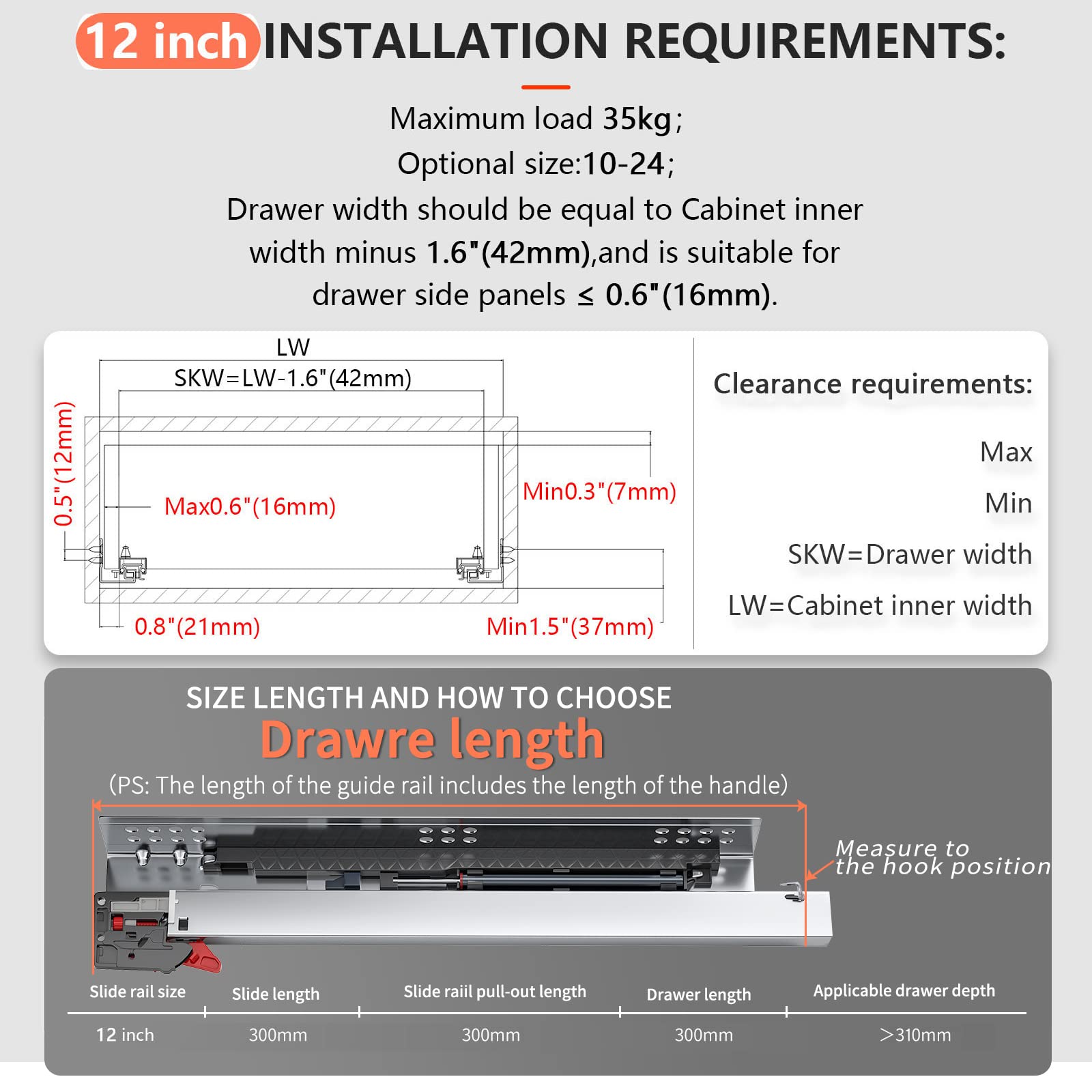 Snapklik.com : SIGOEI 12 Inch Bottom Mount Soft Close Drawer Slides ...