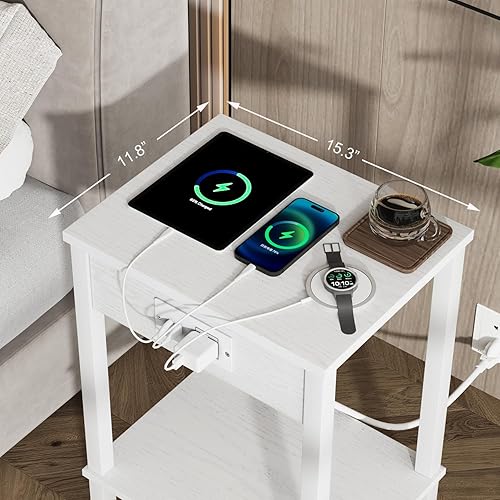 Miniatura 8 de VIMBER Mesa auxiliar con estación de carga, juego de 2 mesas auxiliares con puerto USB y tomas, mesitas de noche con estantes de almacenamiento de 2