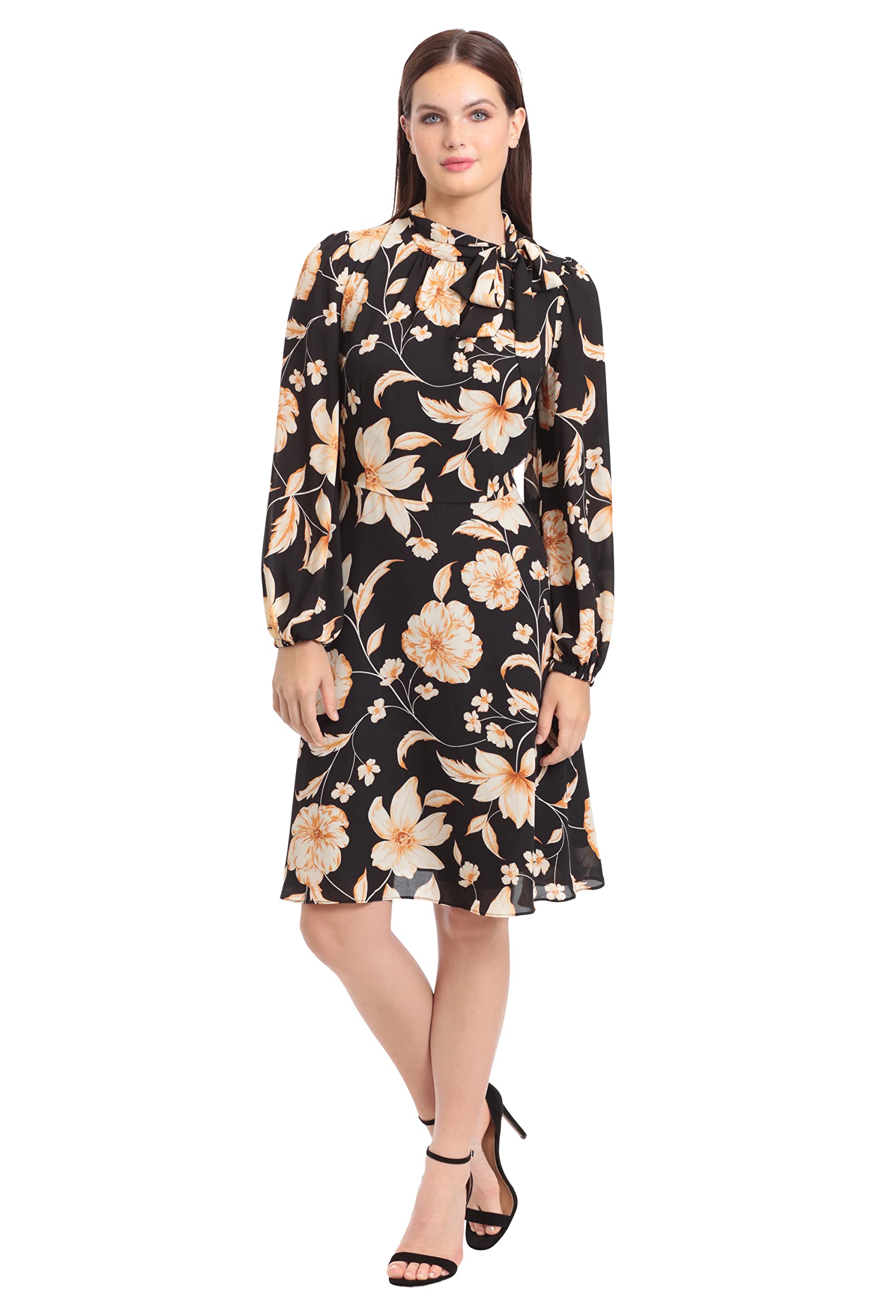 Maggy London Damen-Kleid Mit Schleifen-Krawatte – Rundhals, Kurze Puffärmel, Tailliert, A-Linie, 100 % Polyester