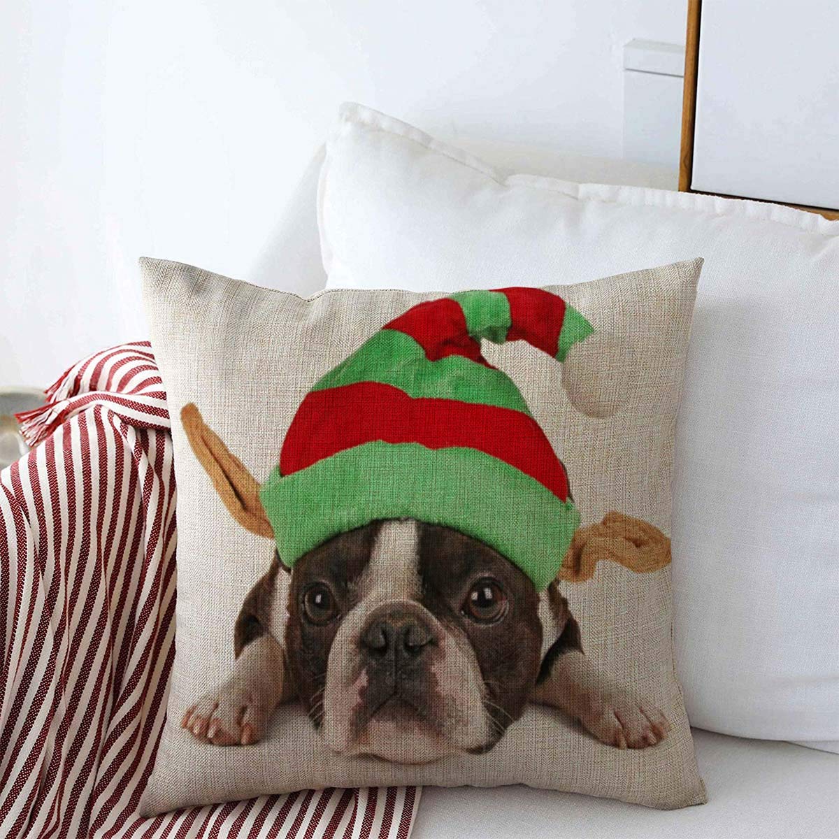 StarooctThrow Pillows Covers Cushion Case Baby Costume Boston Terrier Christmas Hat On Canine Elf Holidays Dog White Best Big Man27s Cotton Linen for Fall Couch Home Decor 16 x 16 Inches