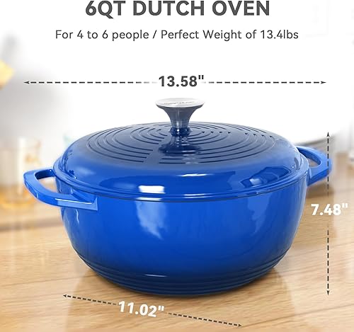 Miniatura 2 de Olla de horno holandés con tapa, horno holandés de hierro fundido esmaltado, 6 cuartos de galón, olla de hierro fundido para cocinar, azul