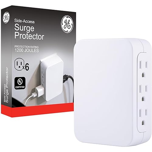 GE Pro 6-Outlet Extender, Surge Protector, Side Access, Wall Tap Adapter, 3-Prong, 1200 Joules, Warranty, UL Listed, White, 10353