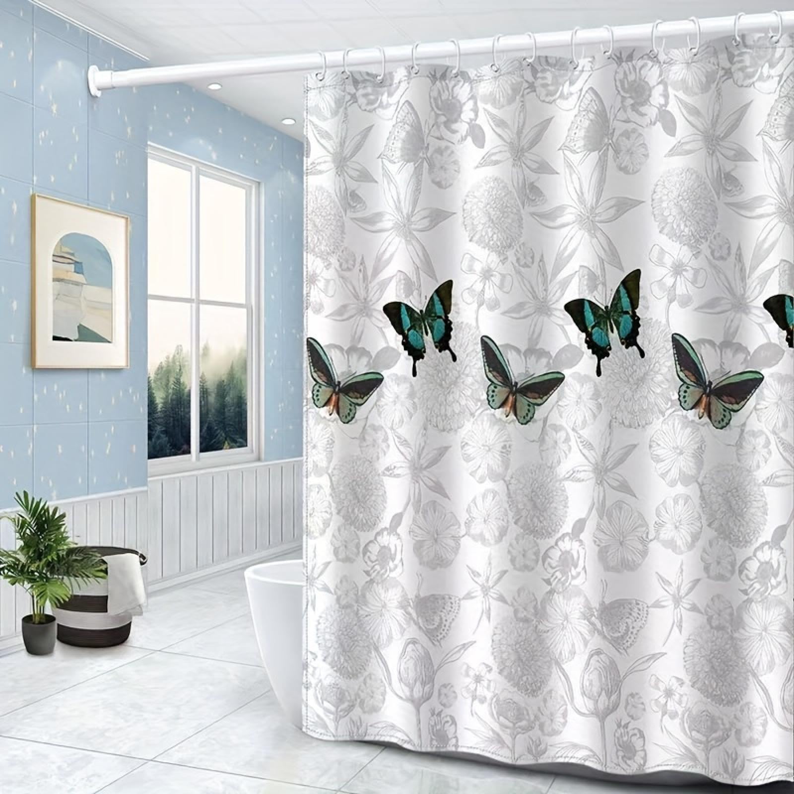Duschvorhang mit Schmetterlings-Print und Haken – Dicker, wasserdichter Polyesterstoff, maschinenwaschbar – Perfekt für den Einsatz im Privat- und Hotelbereich 200 x 180 cm (78,74 x 70,87 Zoll)