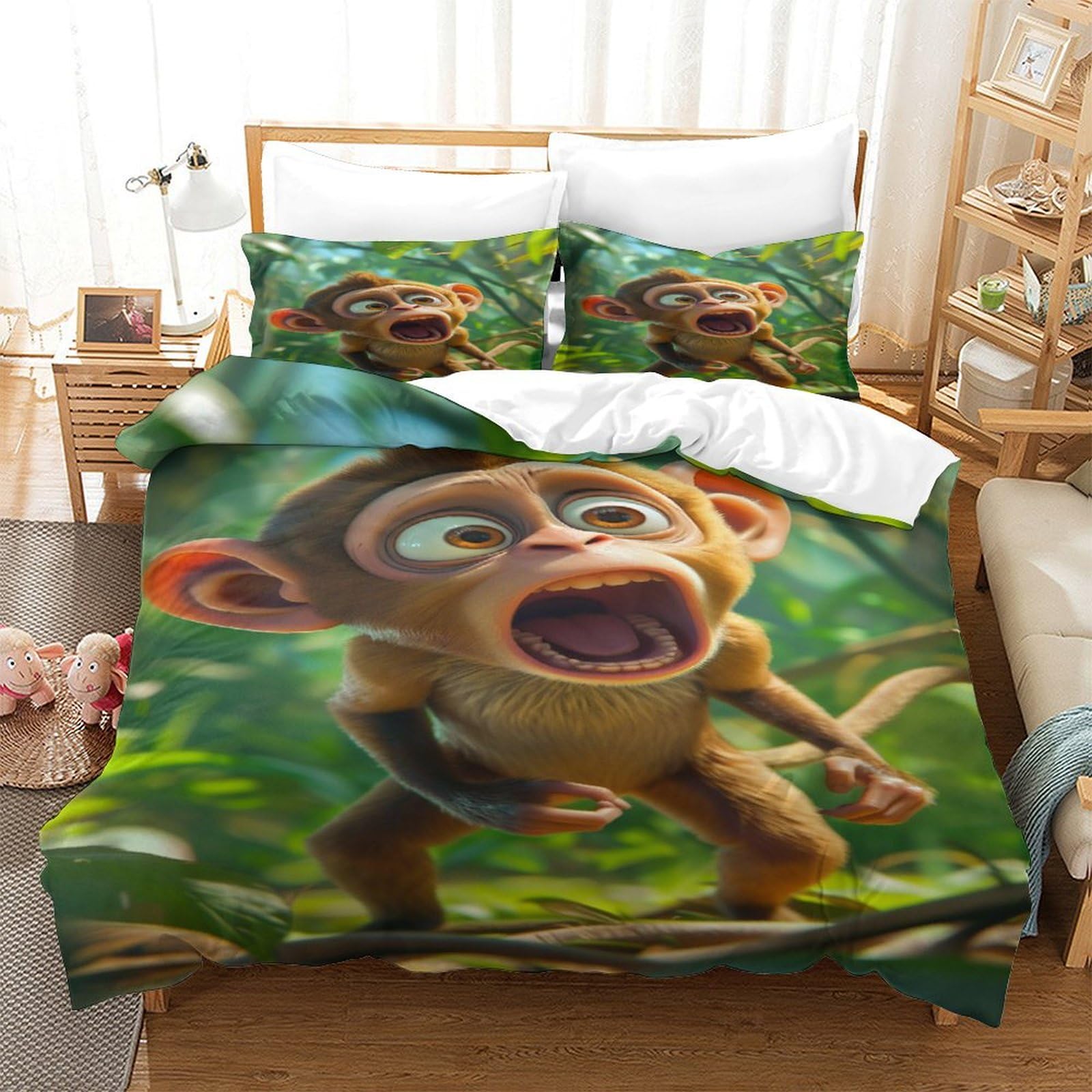 Housse de couette 260x220 singe en microfibre avec 2 taies d'oreiller pour lit super king