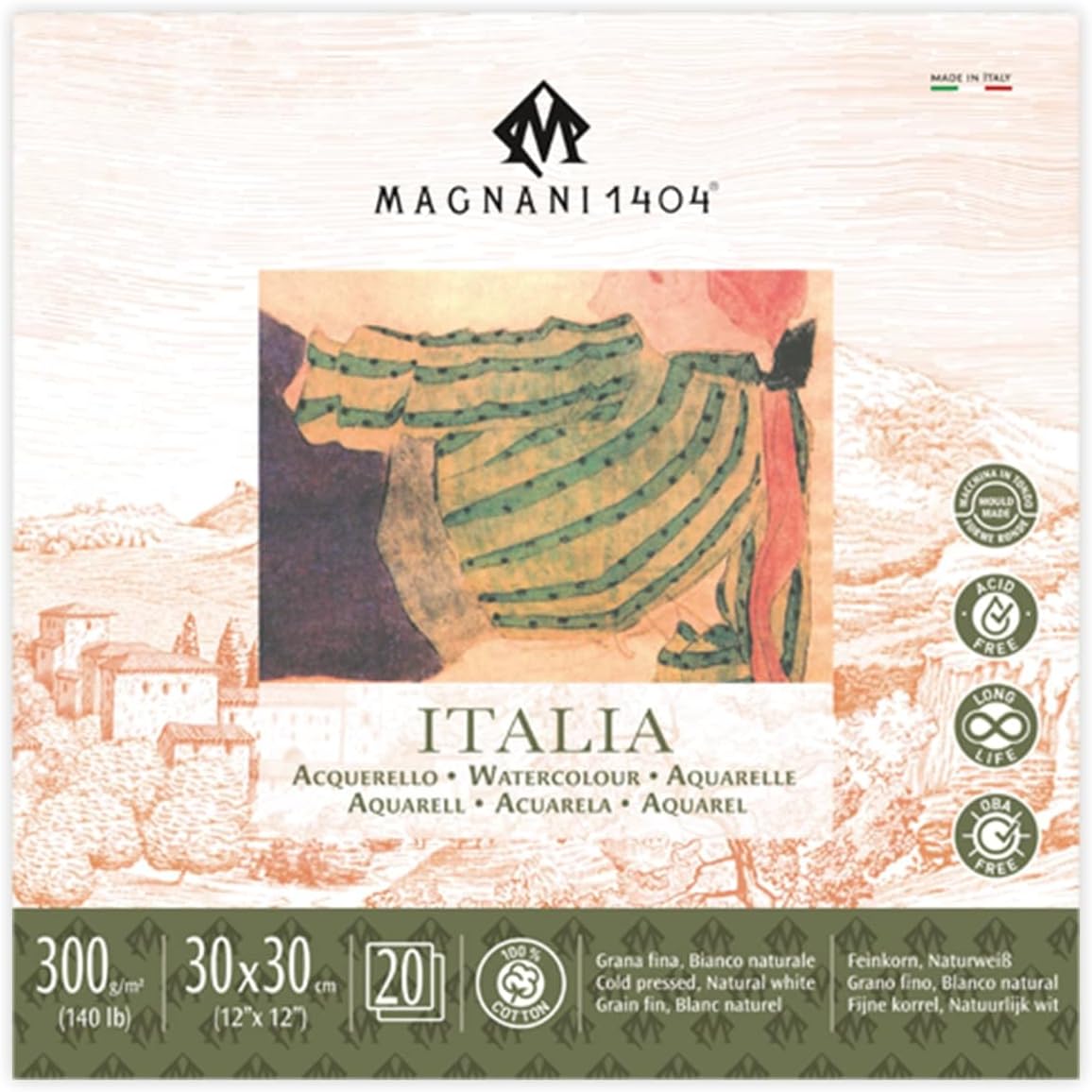Magnani 1404 Italia Cold Press 100% Cotton Watercolor Paper Pad, 20 Sheets, 12x12, 140 lb, Acid-Free, UV Resistant, Deckled Edges, Vegan Sized Water Color Paper for Artists, Made in Italy