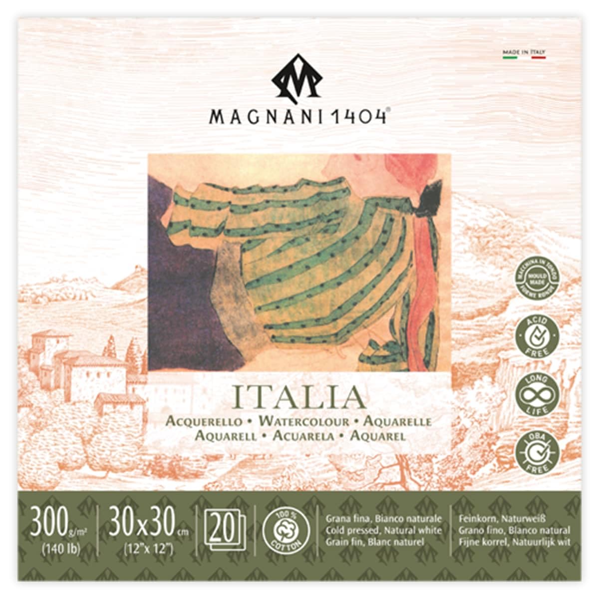Magnani 1404 : ITALIA Watercolour Pad : 30 x 30cm : 10 x 10in : 300gsm : 140lb : 20 Sheets : Cold Presssed : Not