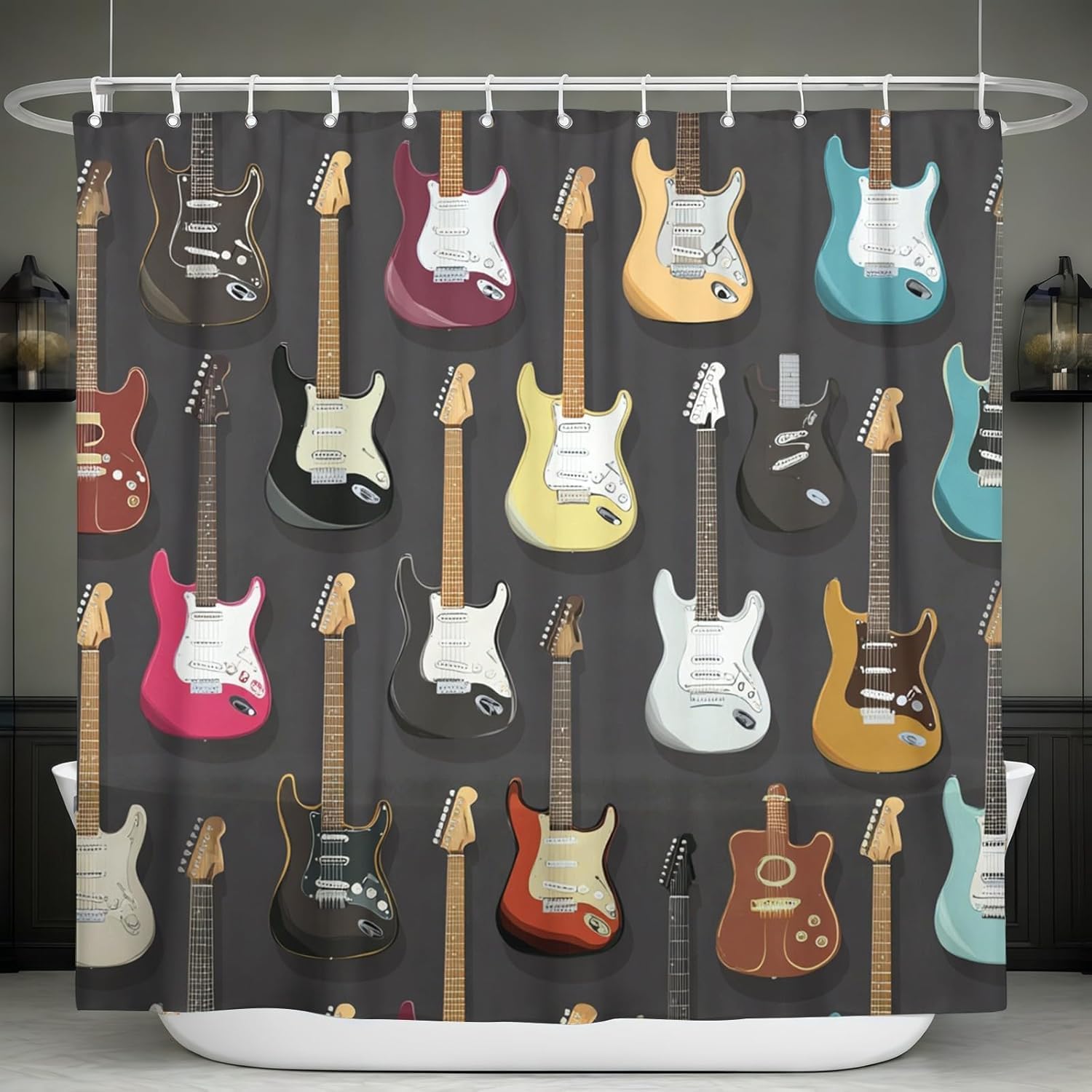 AUWUUA 3D Guitar Shower Curtain 47x71in/120x180cm/WxH Waterproof Music motif Washable Polyester fabric Bathtub Curtain for Bathroom Decor with hooks