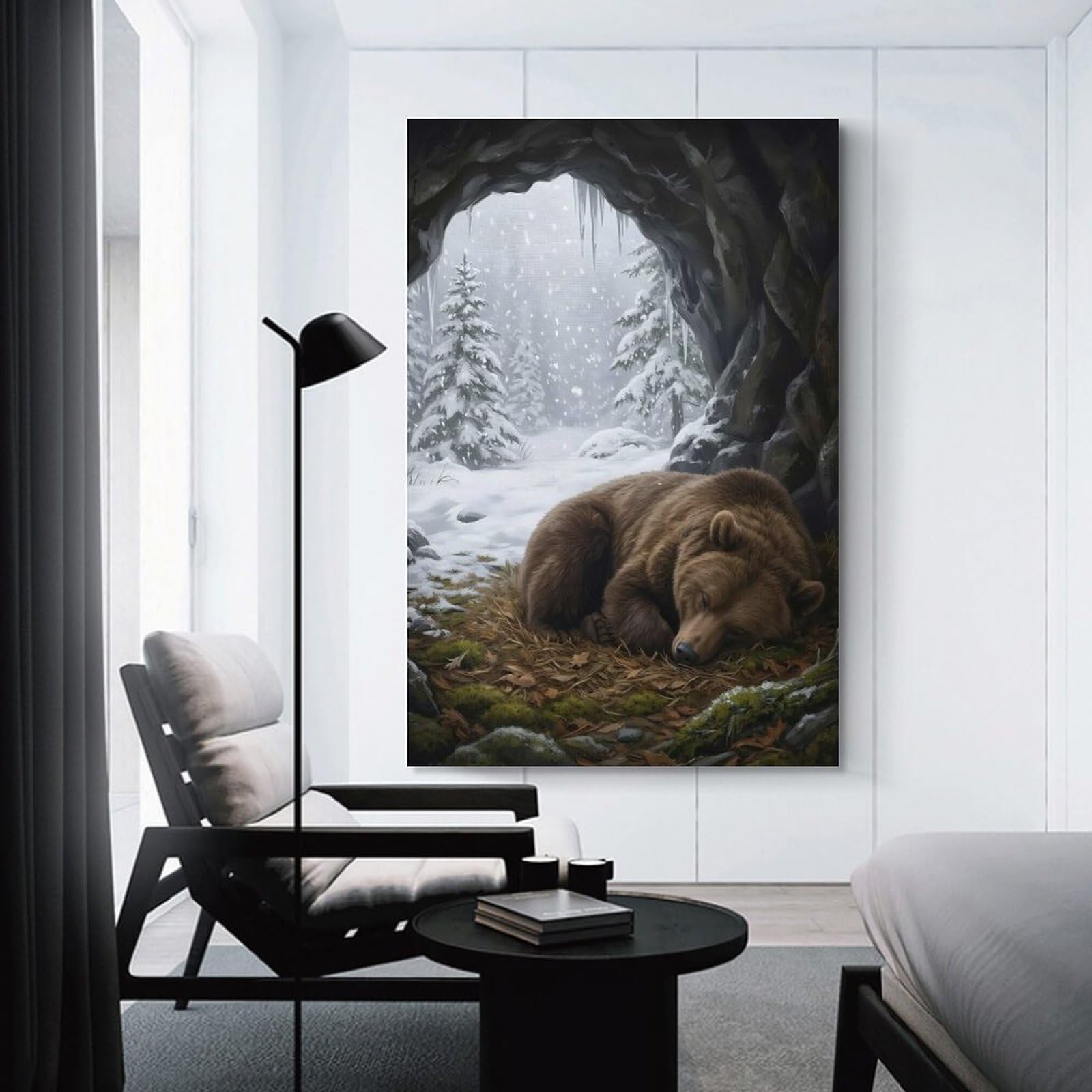 Junmoney Hibernating Bear in Snowy Cave Decorative Wall Artwork, 12x18inch(30x45cm), for New Homes, Bedrooms Or Workspaces, Gift Idea for Housewarming And Birthdays