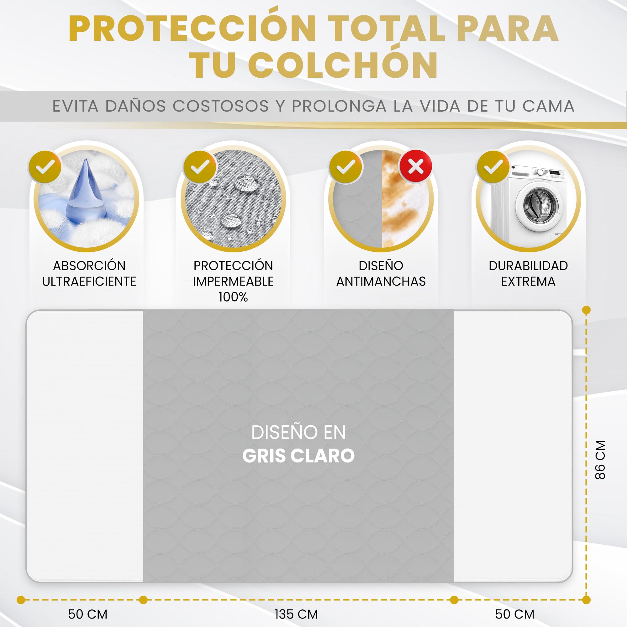 Empapadores Cama Adultos Antimanchas Gris 135x86cm Impermeables 5 Capas Absorción Alas Ajustables OEKO-TEX Pack 2