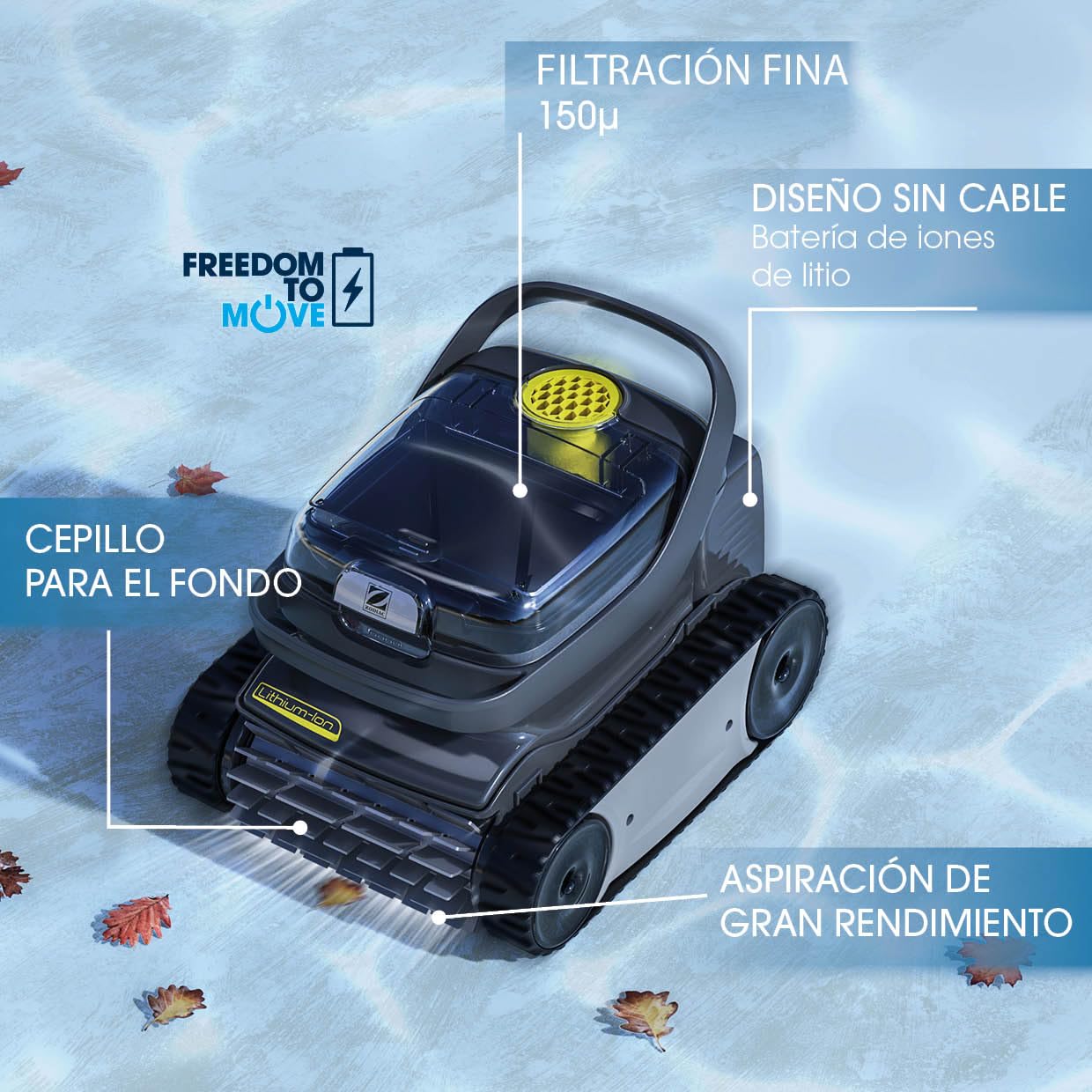 Zodiac Pixel OP-Li 2100 limpiafondos sin Cable, Limpia el Fondo de Las Piscinas de hasta 7x3m. Batería de Litio, Ciclo de 1h30, filtración Fina, Ventana Transparente
