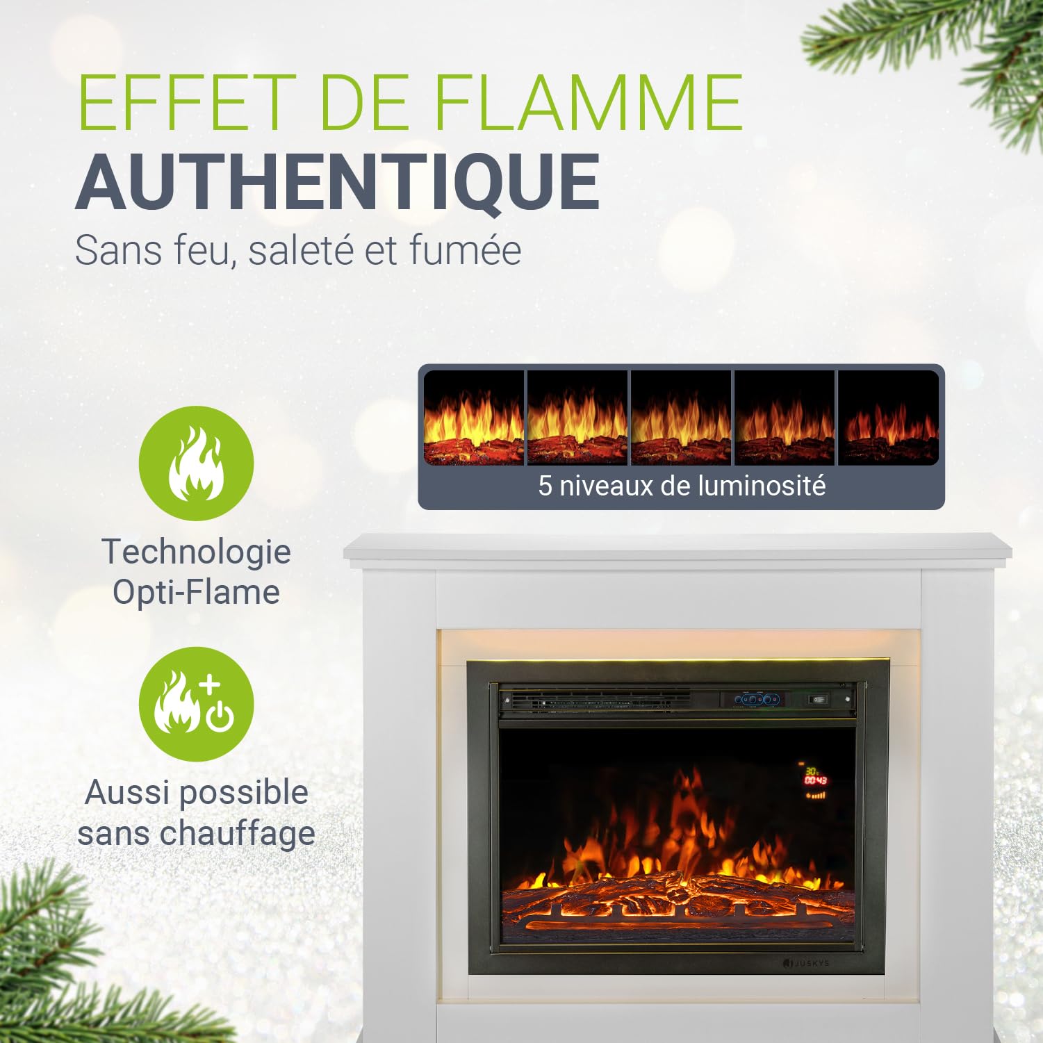 Juskys Cheminée électrique 1000/2000 W avec Chauffage, cheminée, Effet Flamme, télécommande, éclairage LED et minuterie (Blanc)(98x28x81cm)