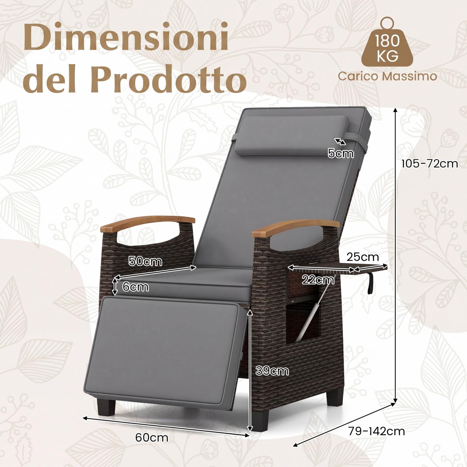 COSTWAY Poltrona Reclinabile da Giardino, Sedia Relax Esterno in Rattan con Schienale Regolabile a 150°, Poggiapiedi e Tavolino Pieghevole, Portata 180 kg, per Patio, Cortile e Terrazzo (Grigio,1)