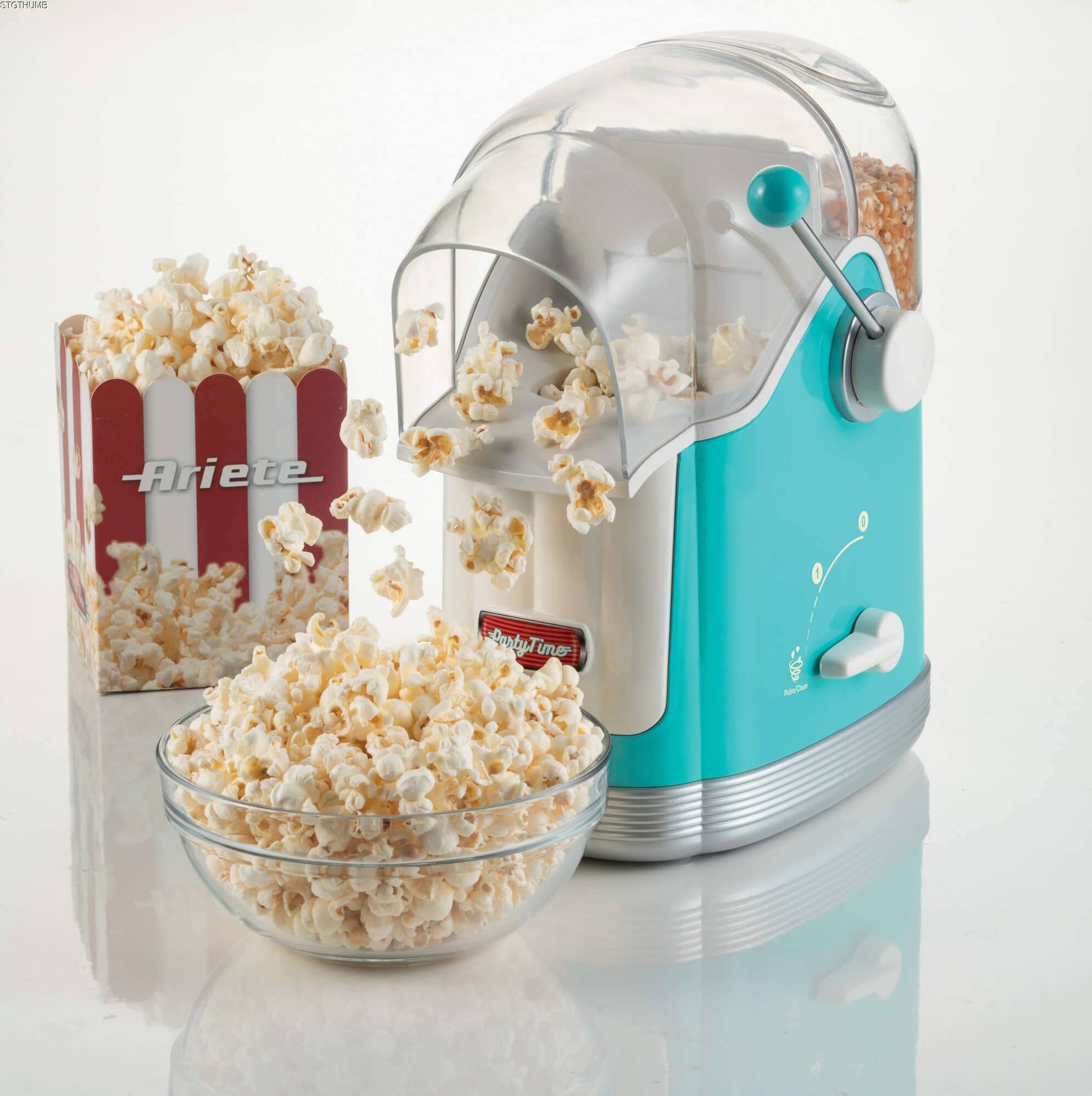 Ariete 2958 Pop Corn Maker Party Time, Macchina per pop corn con leva, 1100 Watt, Capacità 600 g, Cottura ad aria calda senza grassi, Celeste