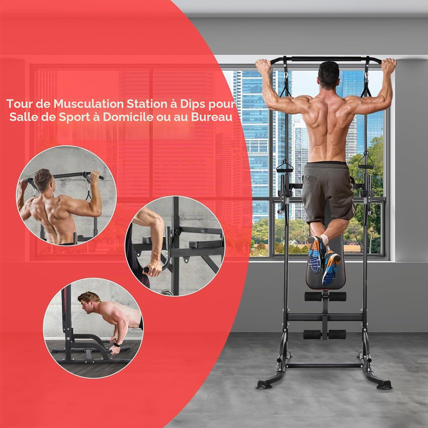 Power Tower Barre de Traction avec Banc de Musculation Pliable Chaise Romaine Hauteur Réglables Multifonction Dips Abdominaux Station de Musculation Entraînement à Domicile, Accoudoirs, Fitness, 200KG