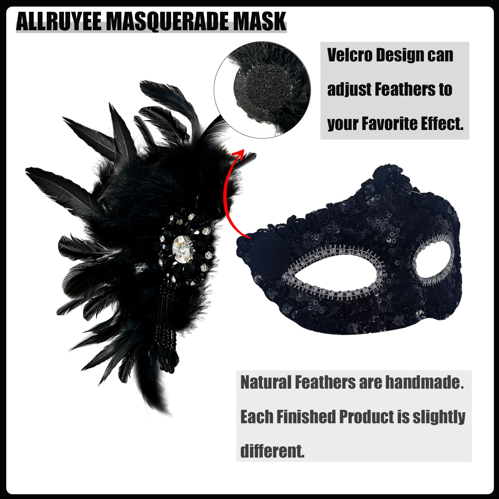 Allruyee 2025 New Masquerade Mask for Couple - Masquerade Mask Women with Feathers & Venetian Mask Men for Mardi Gras Party(Black) - Image 2